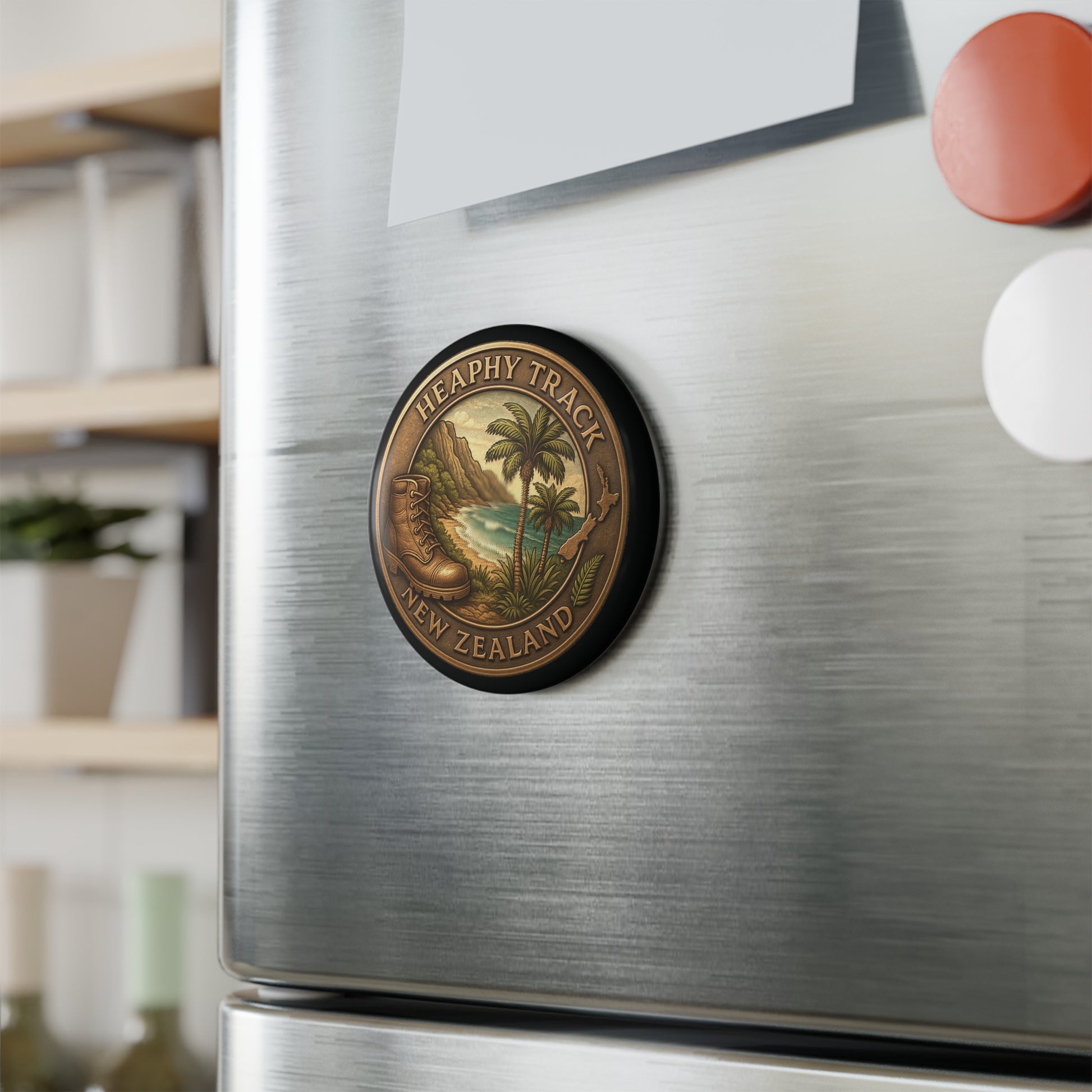 Heaphy Track Metallic refrigerator with a decorative magnet featuring palm trees and text on a blurred indoor background