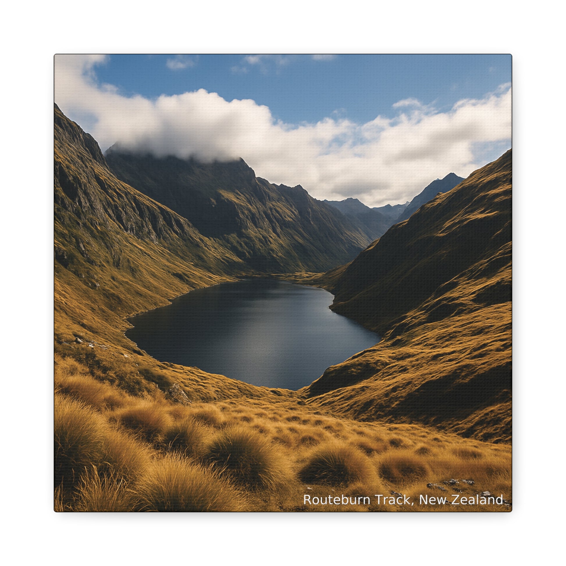 Routeburn Track Mountain Lake surrounded by grassy hills with a blue sky and clouds.