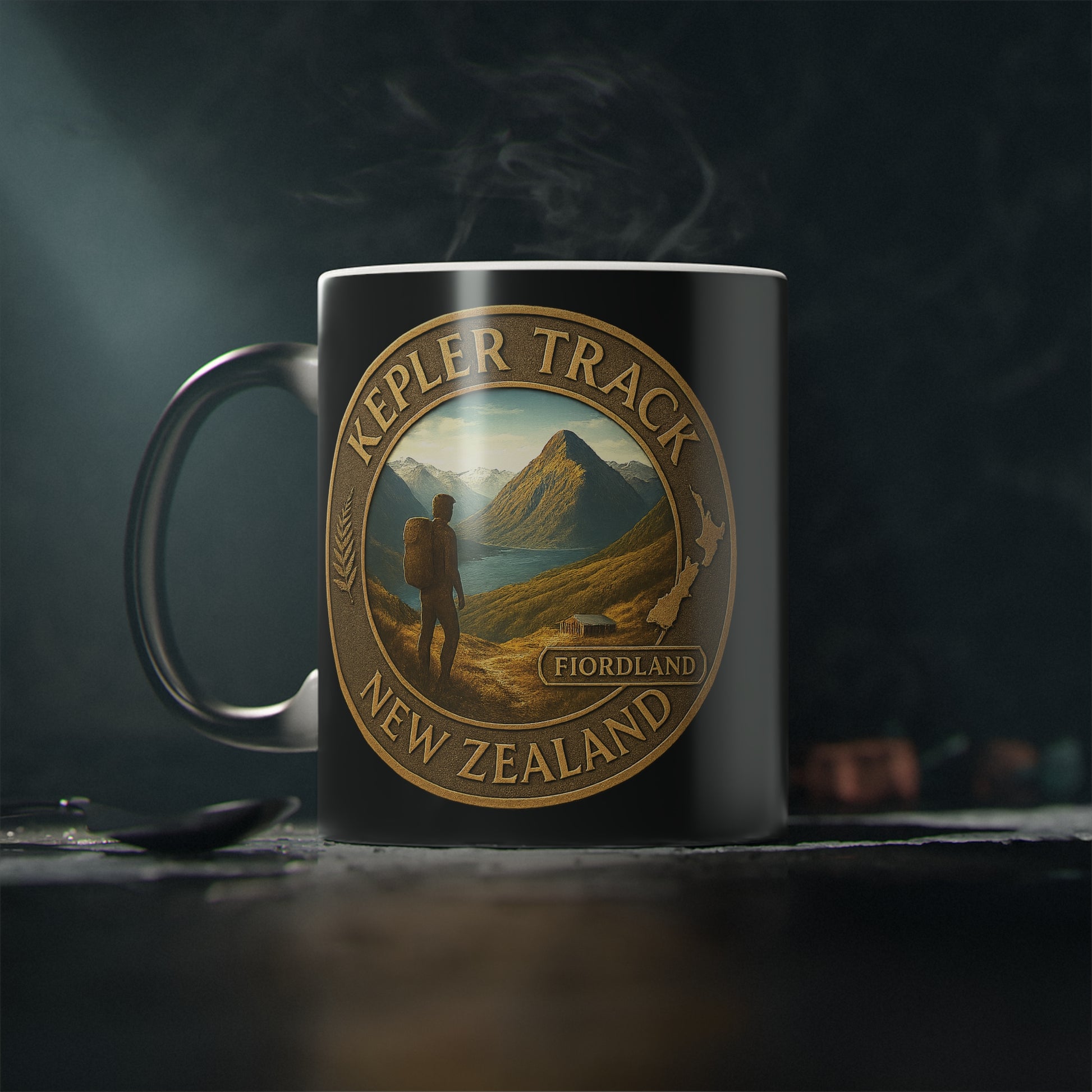 Mug with 'Kepler Track, New Zealand' design on a dark background