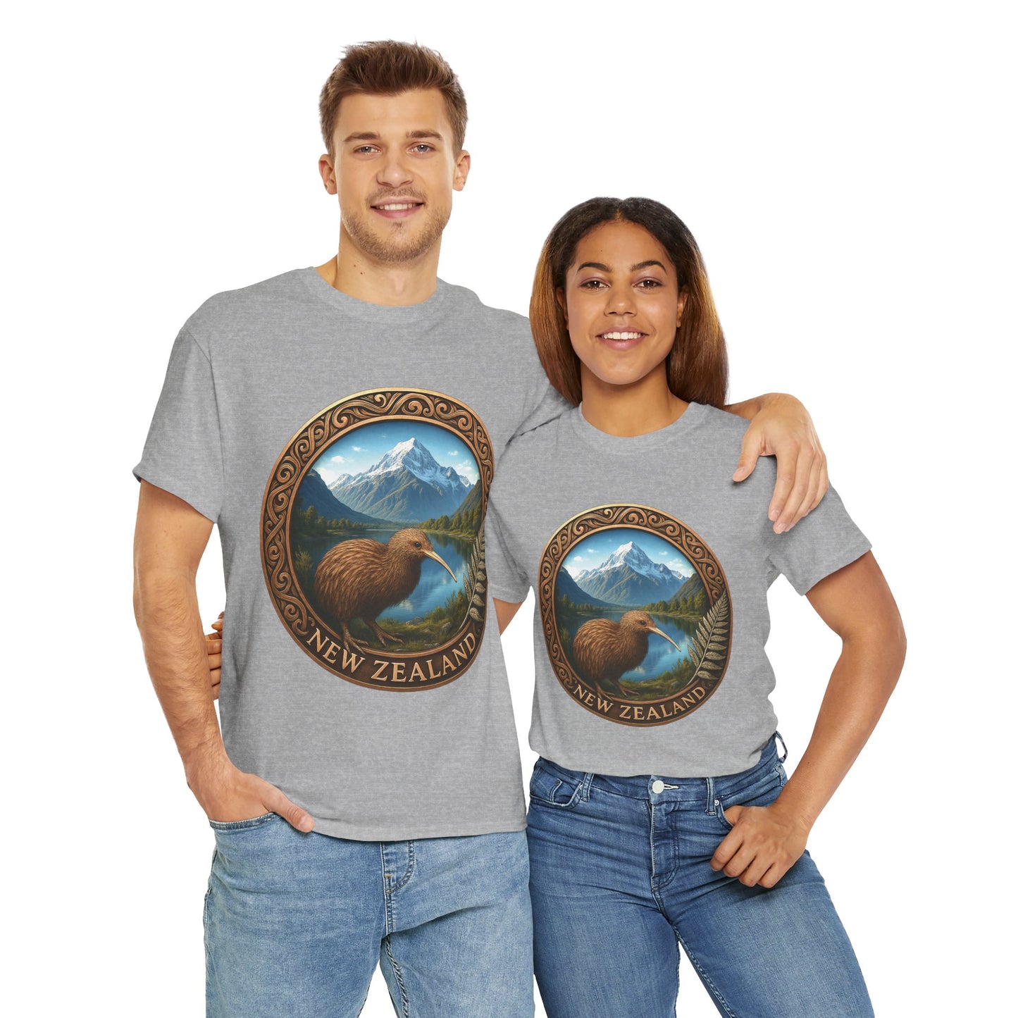 Two people wearing gray t-shirts with a New Zealand design featuring a kiwi bird and mountains.
