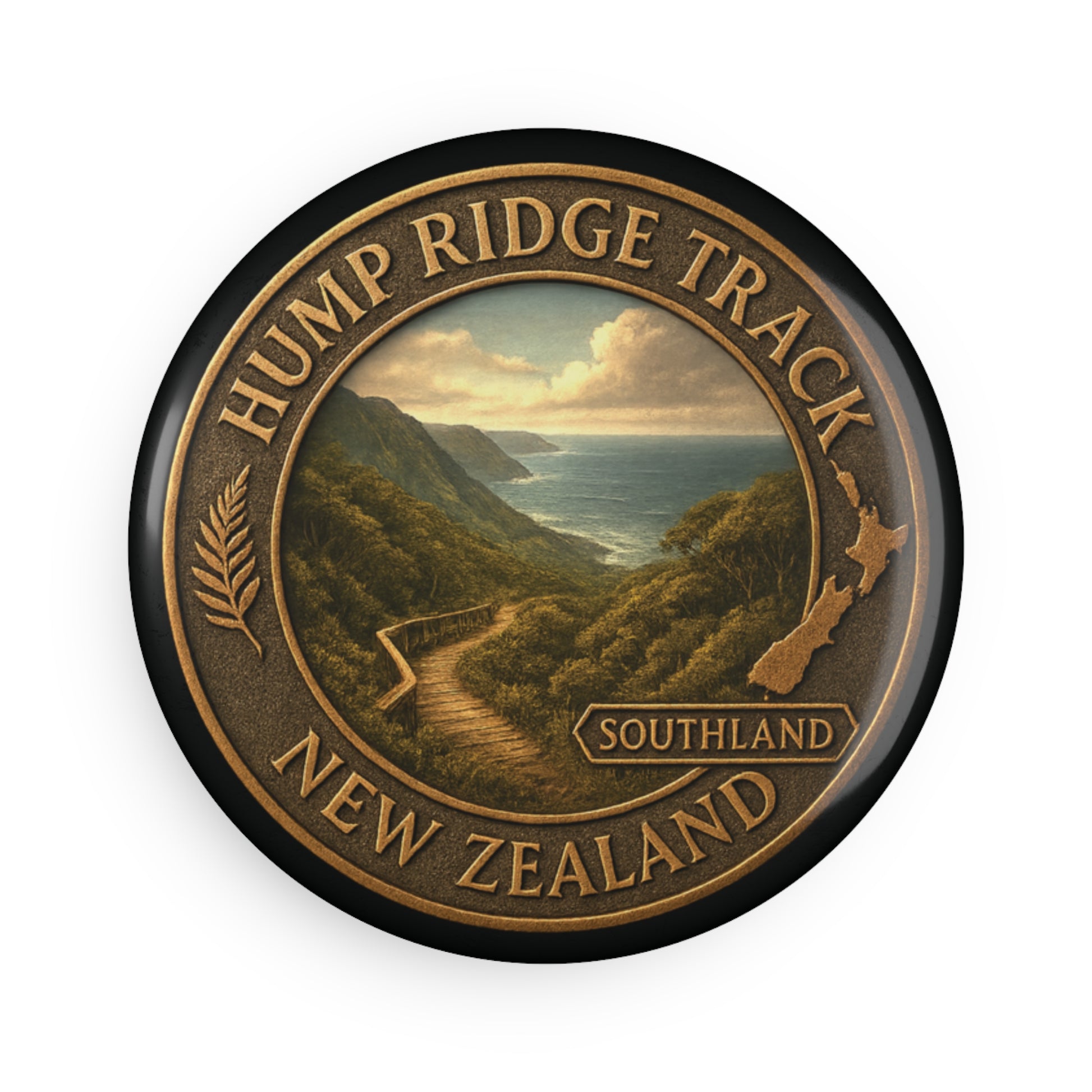 Round Fridge Magnet with Hump Ridge Track New Zealand design on a white background