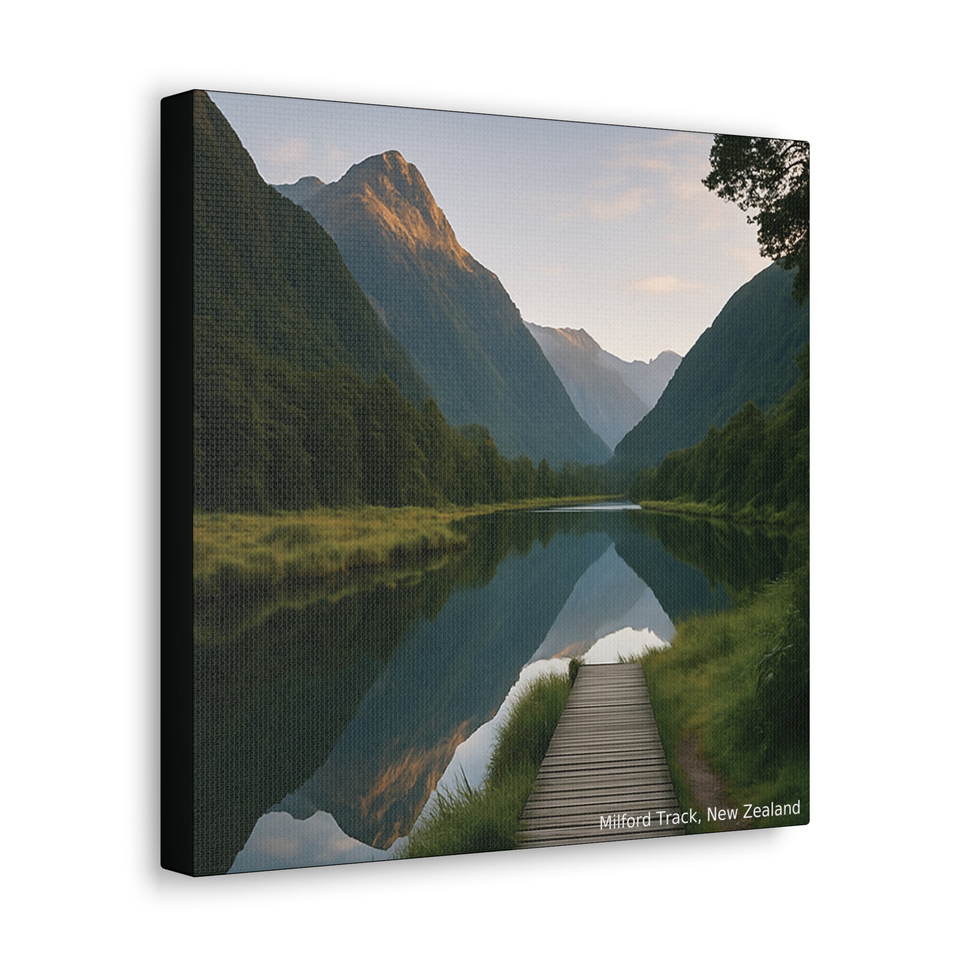 Milford Track Canvas print of a scenic view with mountains, lake, and wooden path.