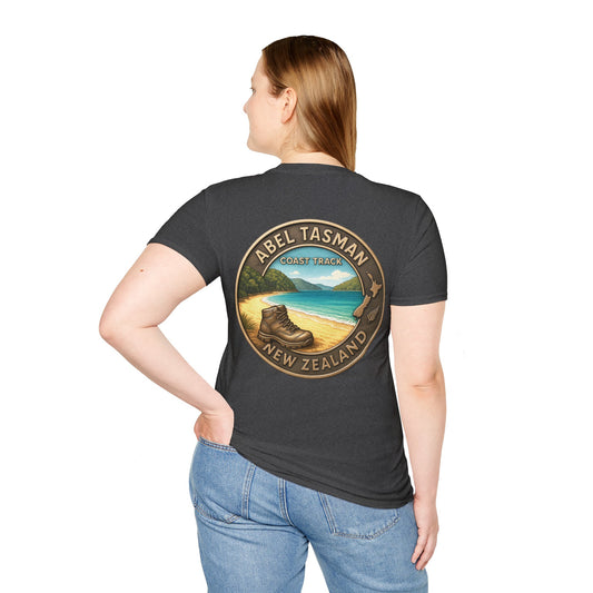 Person wearing a black t-shirt with Abel Tasman New Zealand design on the back