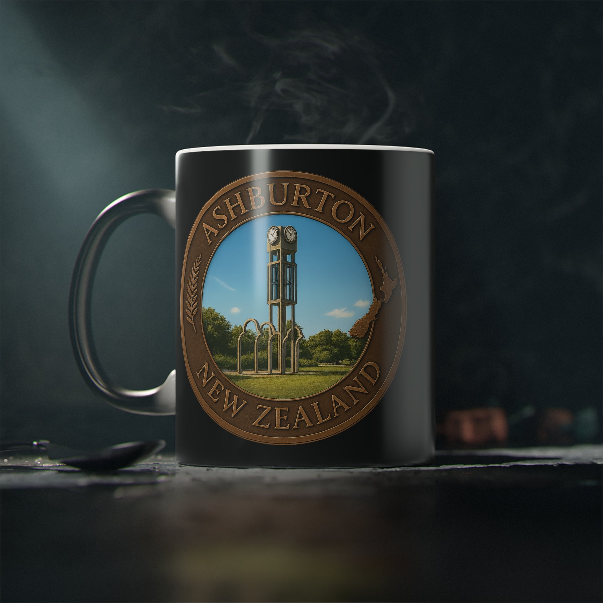 Mug with Ashburton, New Zealand design on a dark background