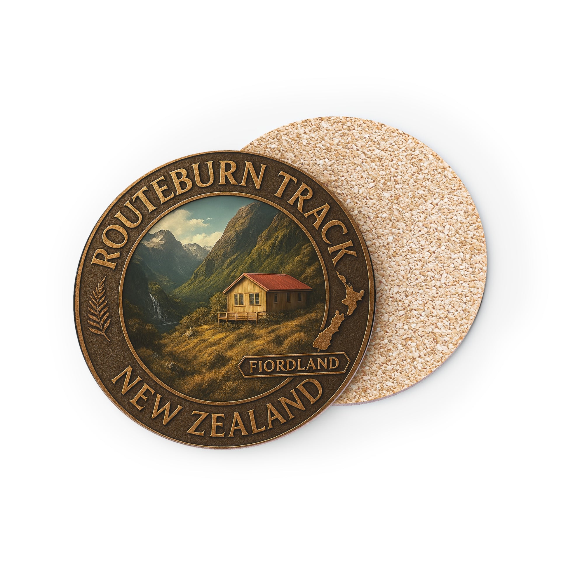 Coaster with scenic design of Routeburn Track, Fiordland, New Zealand on a white background