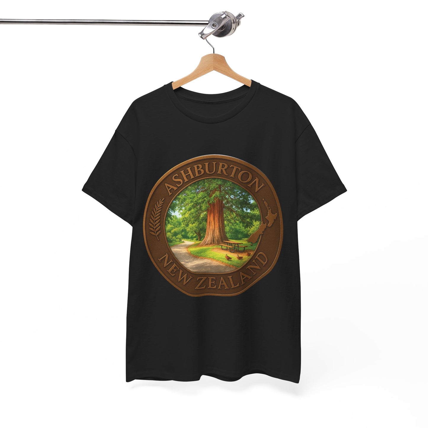 Black t-shirt with a circular design featuring a tree and text on a hanger against a white background