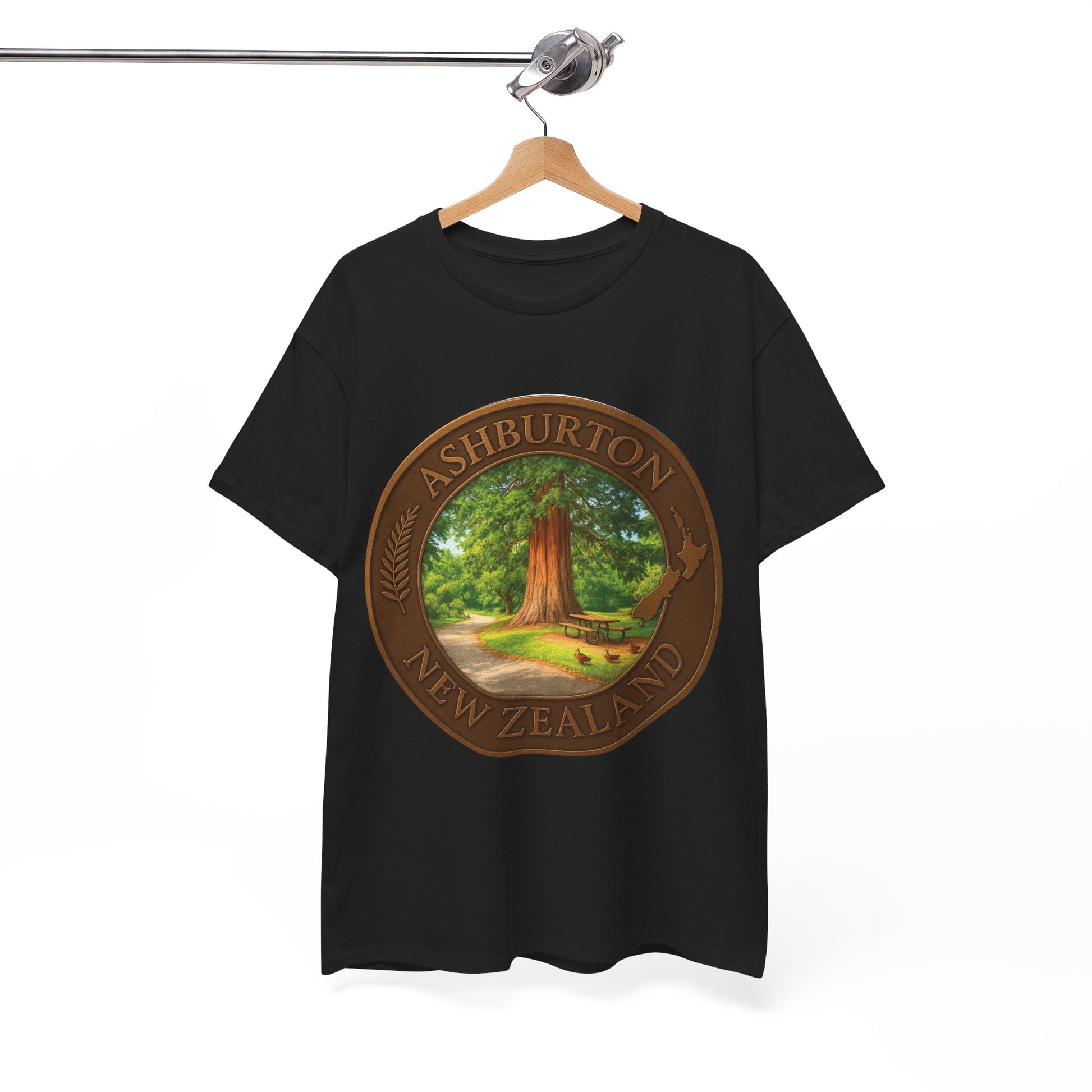 Black t-shirt with a circular design featuring a tree and text on a hanger against a white background