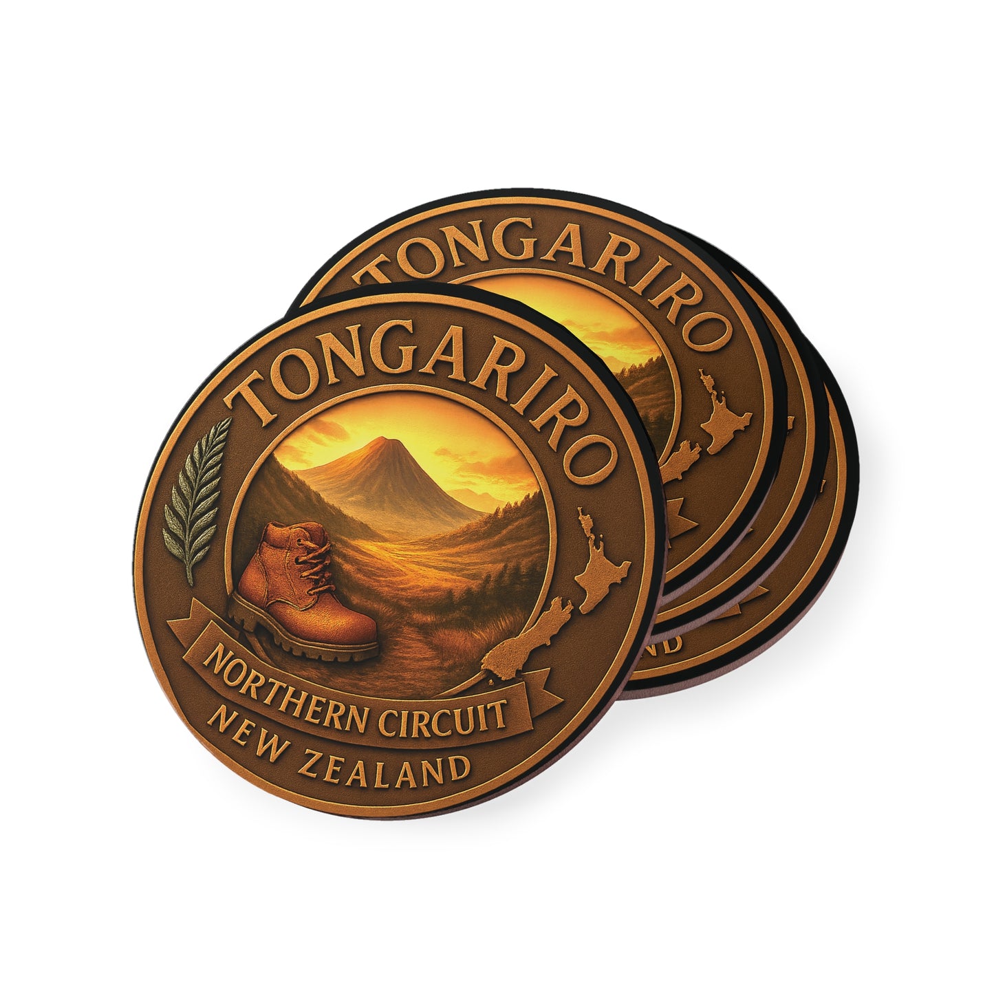 Two bronze-colored coasters with Tongariro Northern Circuit New Zealand design on a white background