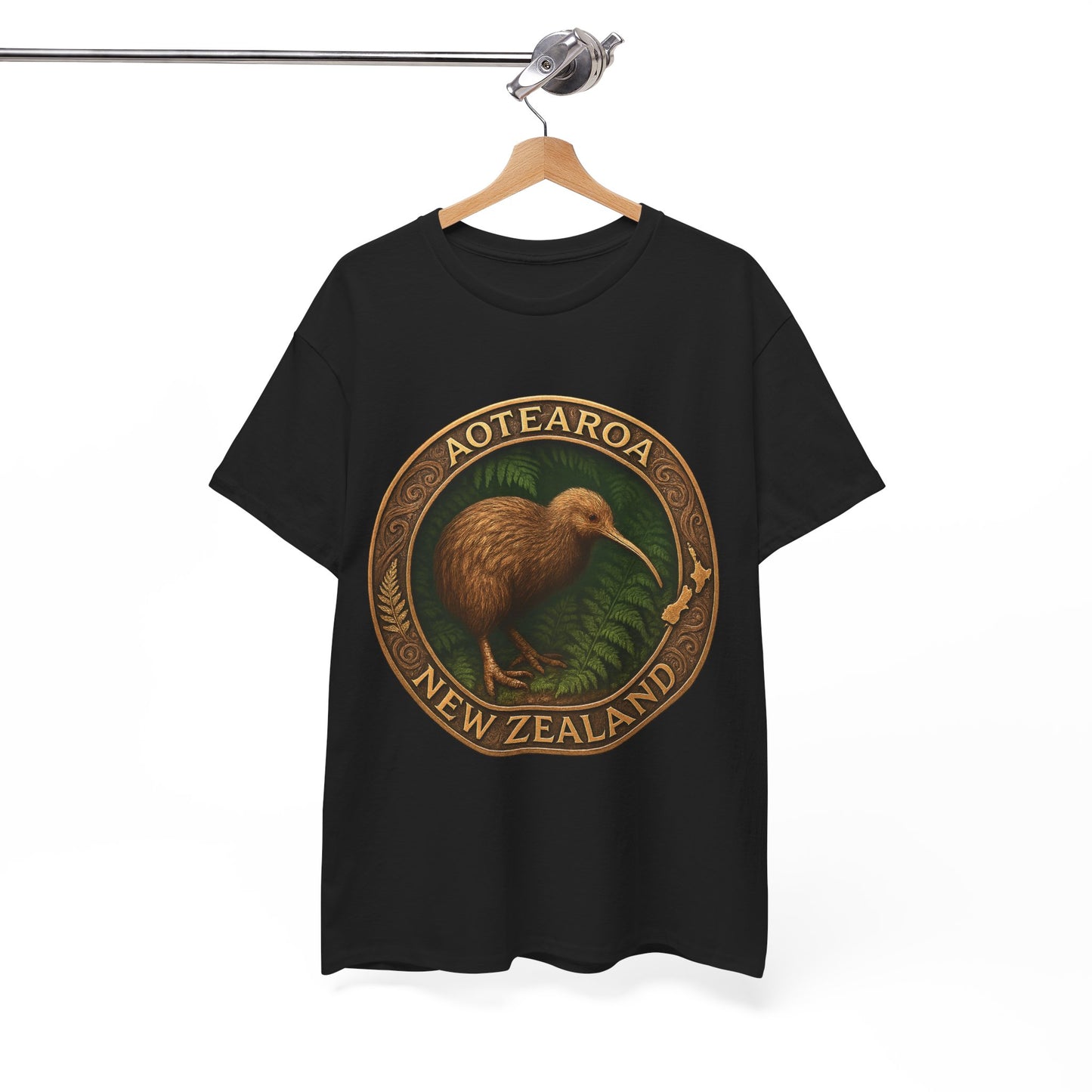 Black t-shirt with a kiwi bird design and 'Aotearoa New Zealand' text on a hanger against a white background