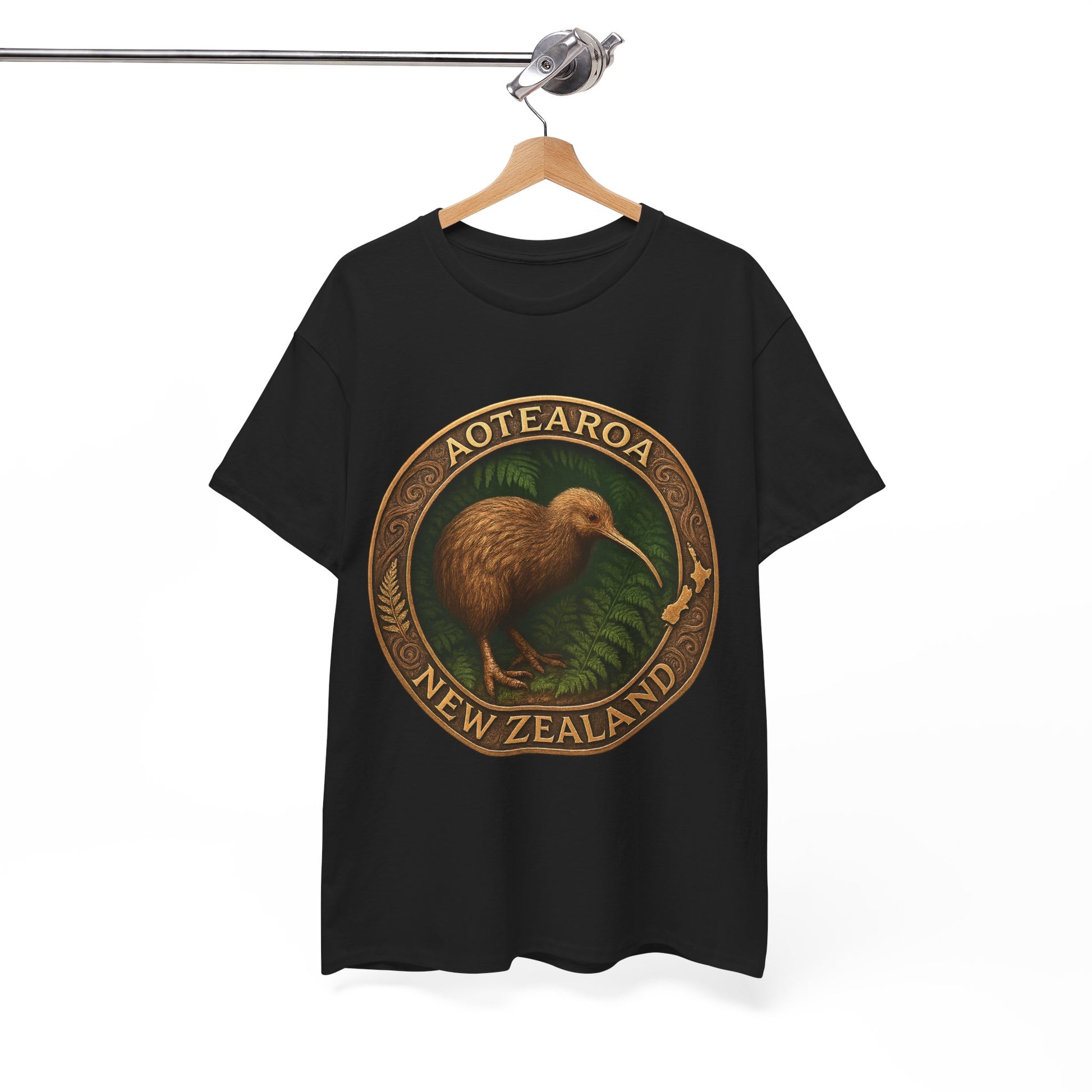 Black t-shirt with a kiwi bird design and 'Aotearoa New Zealand' text on a hanger against a white background