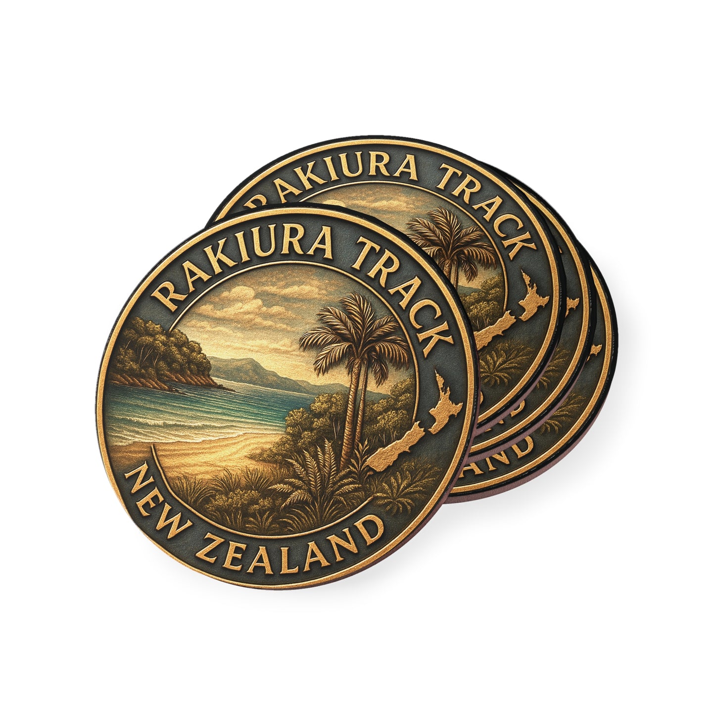 Two Rakiura Track New Zealand coasters on a white background