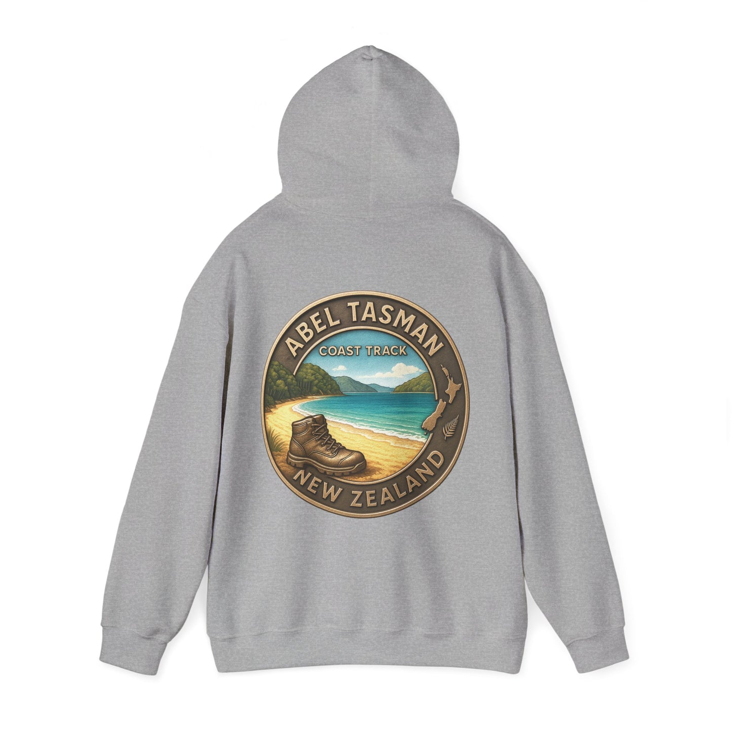 Gray hoodie with Abel Tasman New Zealand graphic on a white background