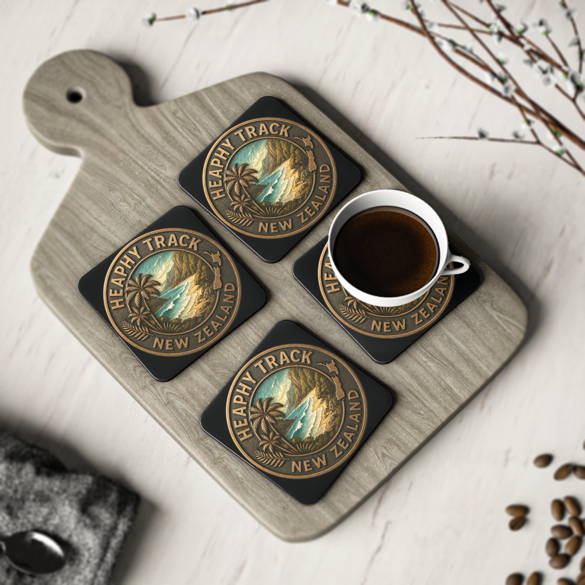 Set of four Heaphy Track New Zealand coasters with a cup of coffee on a wooden board.