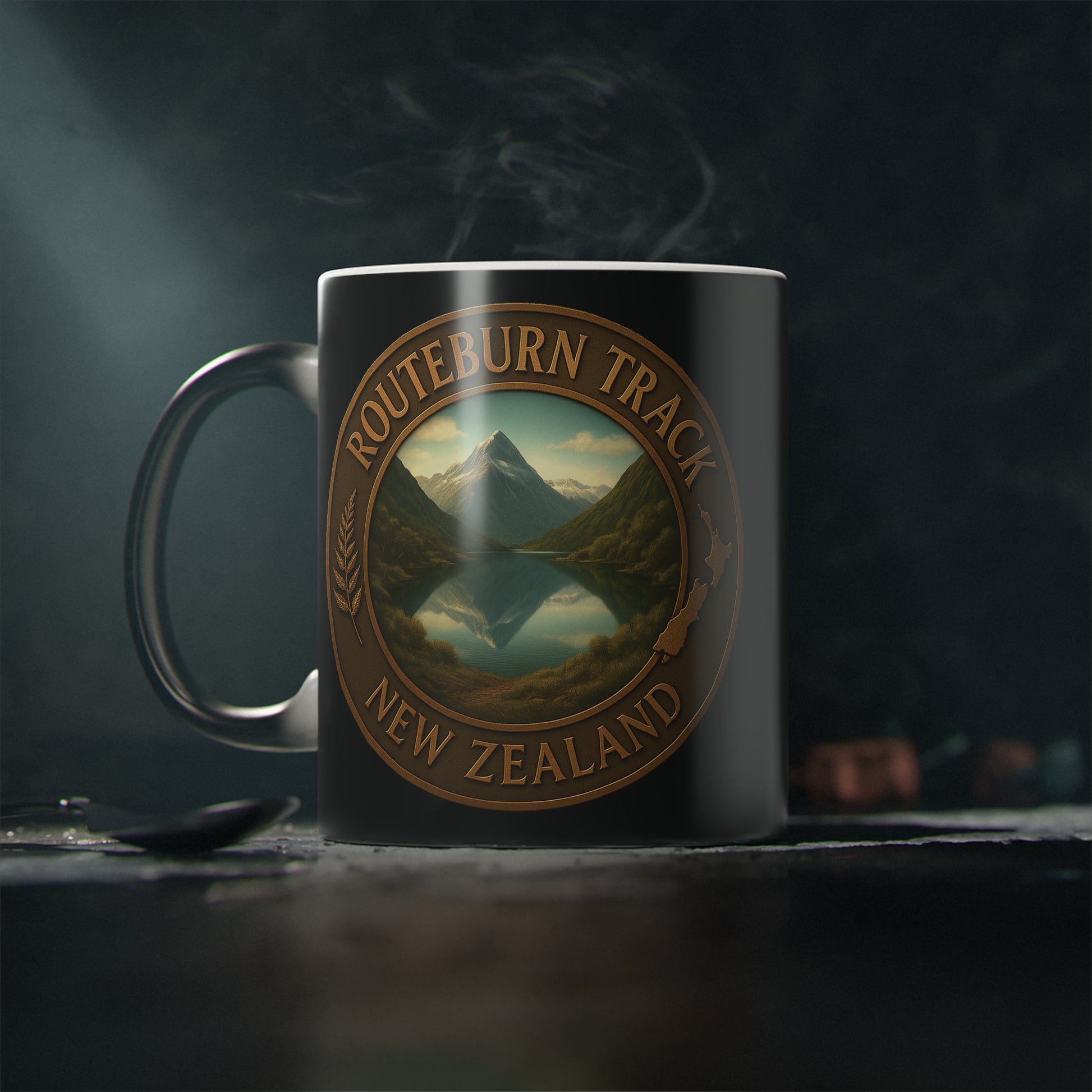 Coffee Cup Mug with 'Routeburn Track, New Zealand' design on a dark background
