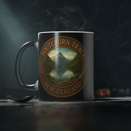 Coffee Cup Mug with 'Routeburn Track, New Zealand' design on a dark background