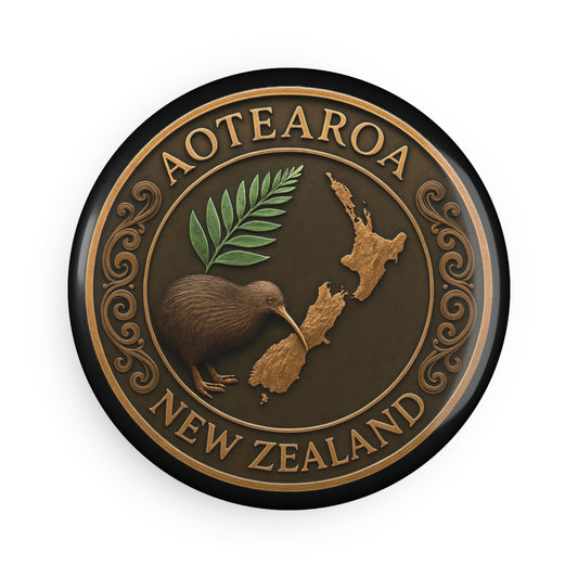 Round badge with kiwi bird, fern, and map of New Zealand on a brown background