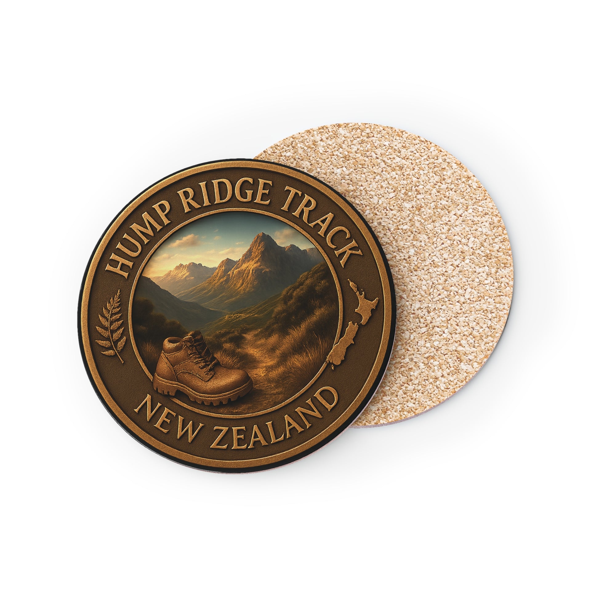 Coaster with 'Hump Ridge Track, New Zealand' design on a white background