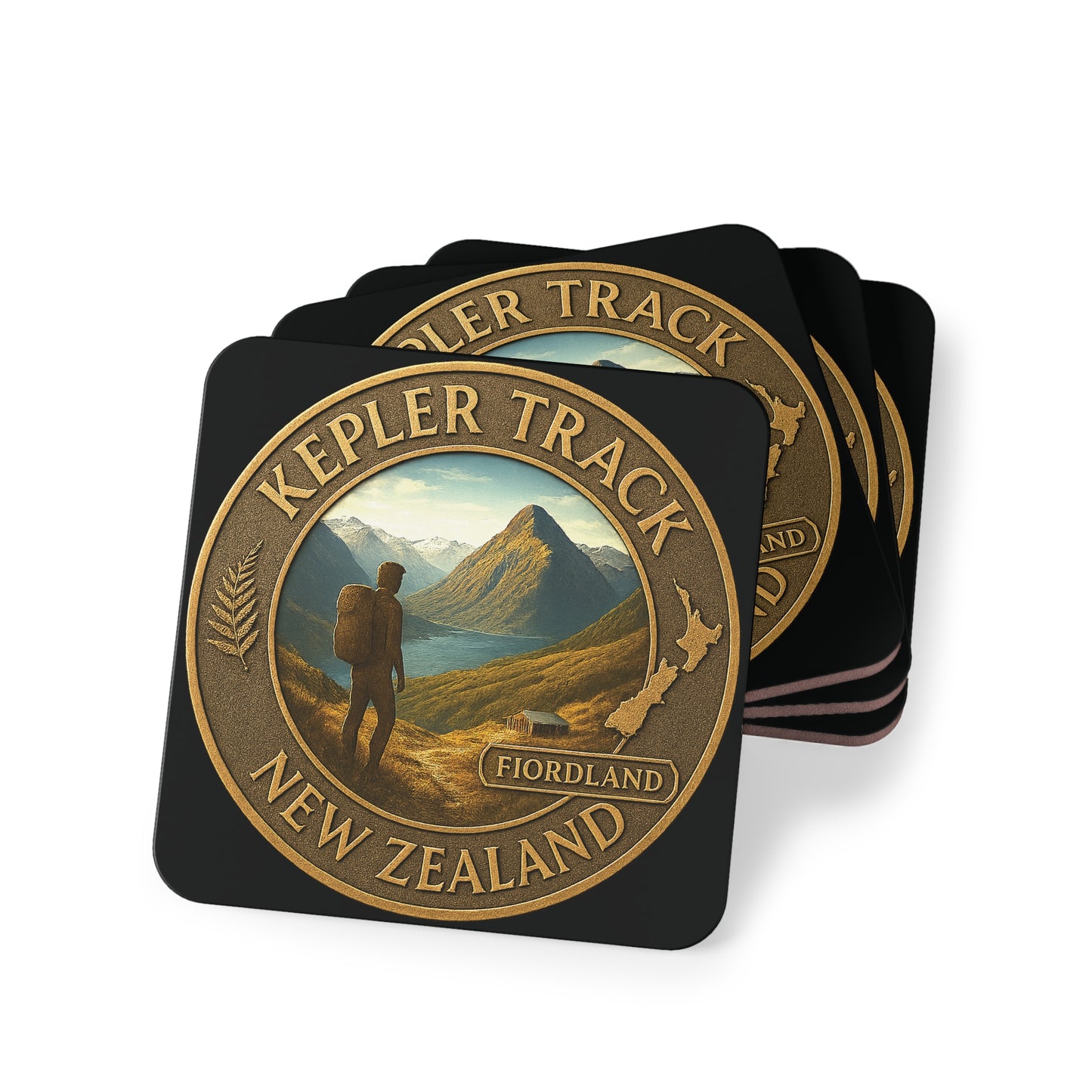 Set of four coasters with 'Kepler Track New Zealand' design on a white background