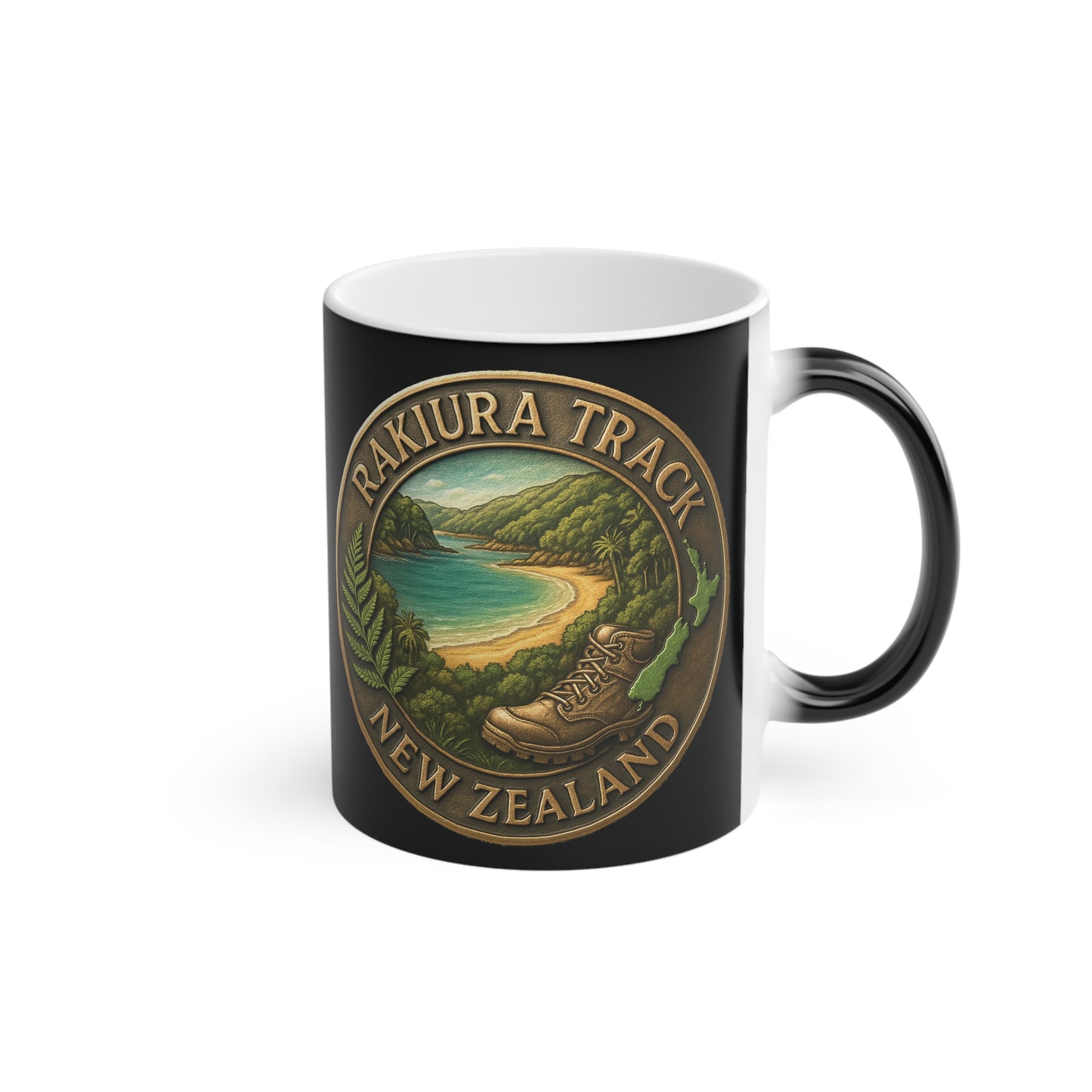 Black mug with a scenic design and 'Rakiura Track New Zealand' text on a white background