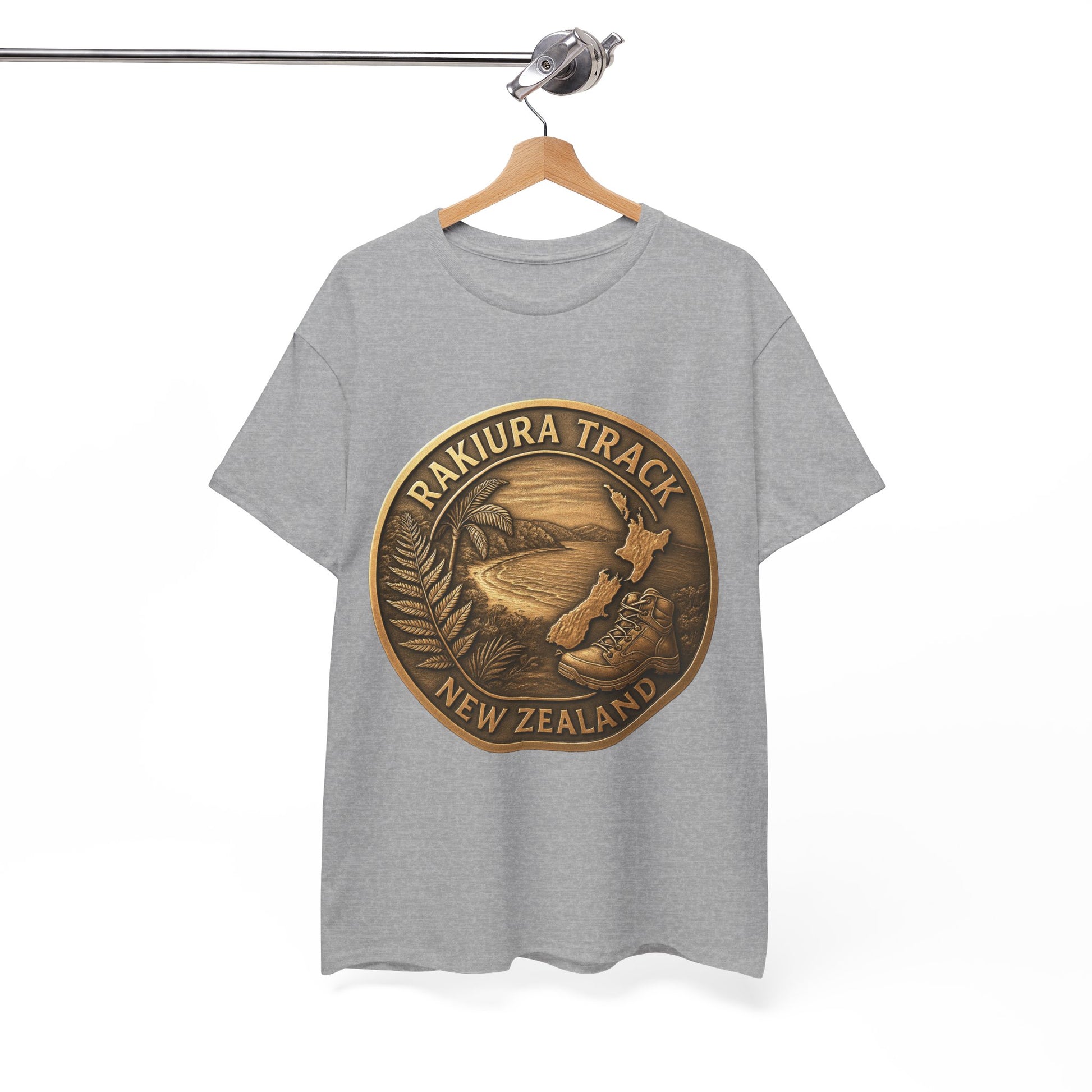 Gray t-shirt with a 'Rakiura Track New Zealand' design on a hanger against a white background