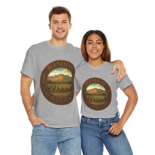 Two people wearing gray t-shirts with Blenheim, New Zealand design on a white background