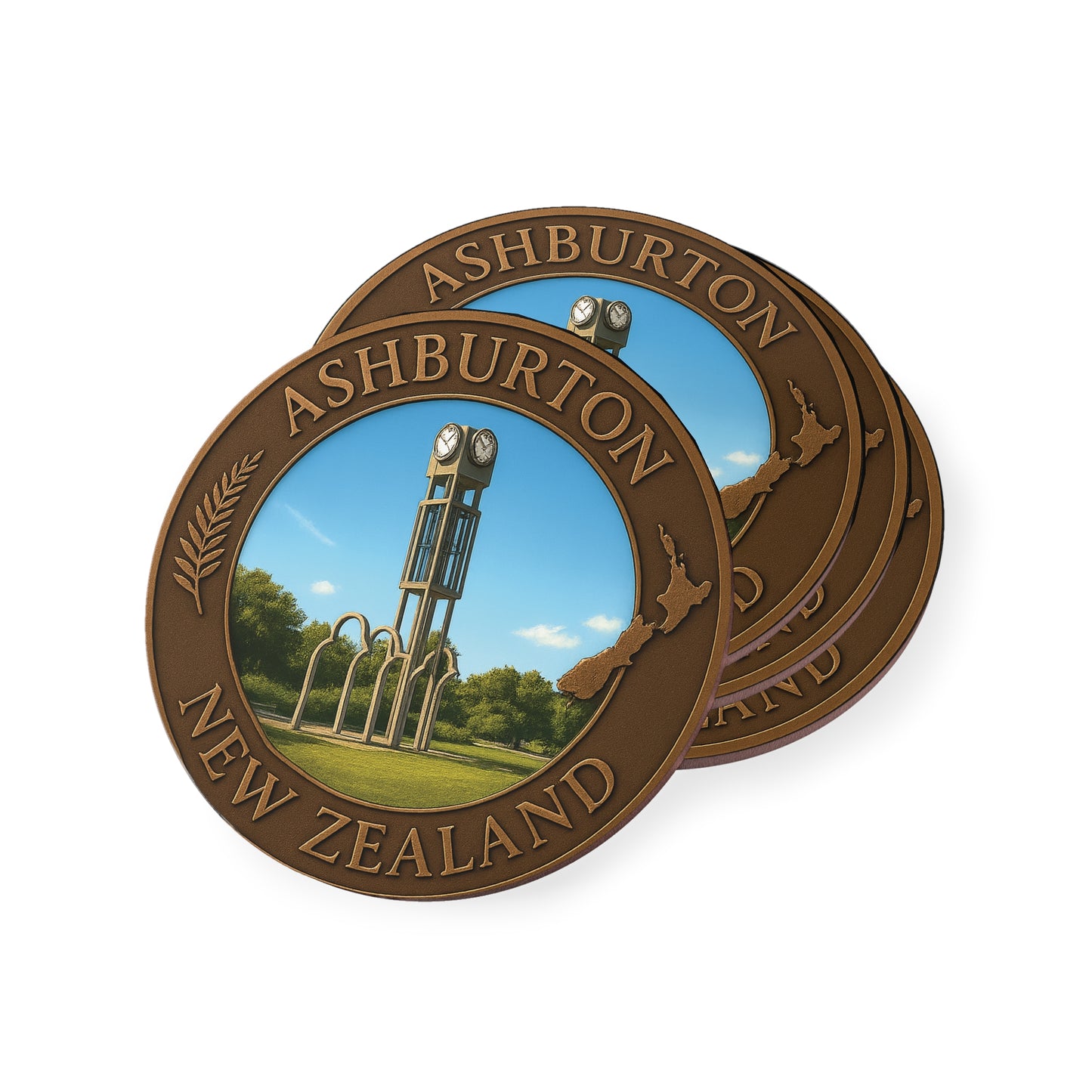 Bronze-colored emblem with 'Ashburton New Zealand' text and a scenic illustration on a white background
