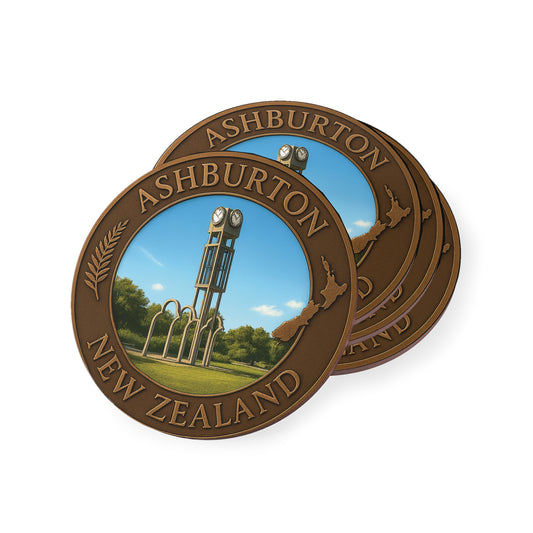 Bronze-colored emblem with 'Ashburton New Zealand' text and a scenic illustration on a white background