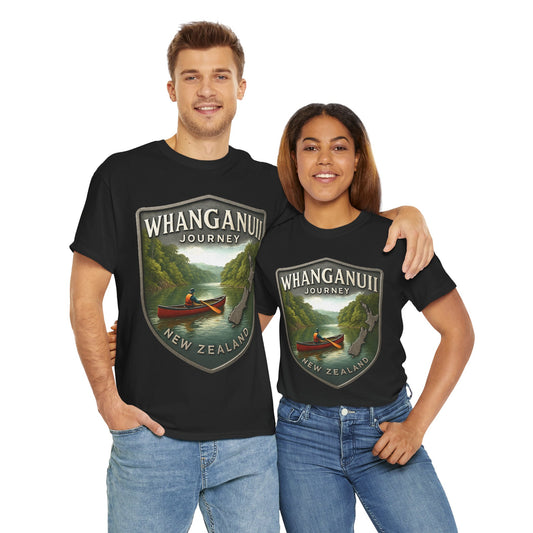 Two people wearing black t-shirts with 'Whanganui Journey New Zealand' design on a white background