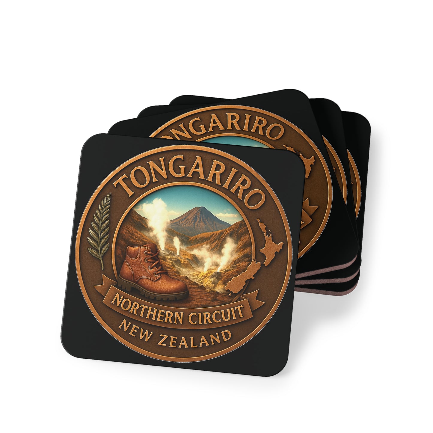 Set of four coasters with Tongariro Northern Circuit design on a white background