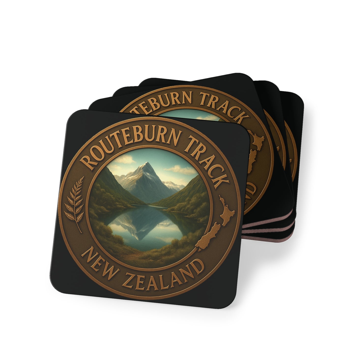 Coasters with Routeburn Track New Zealand design on a white background