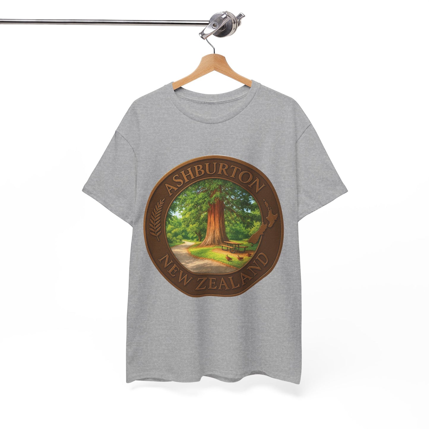 Gray t-shirt with a circular design featuring a tree and text on a hanger against a white background