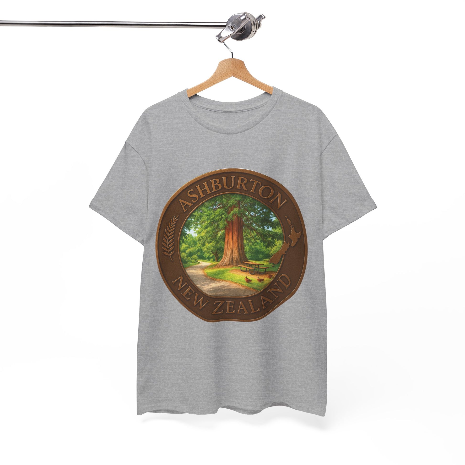 Gray t-shirt with a circular design featuring a tree and text on a hanger against a white background
