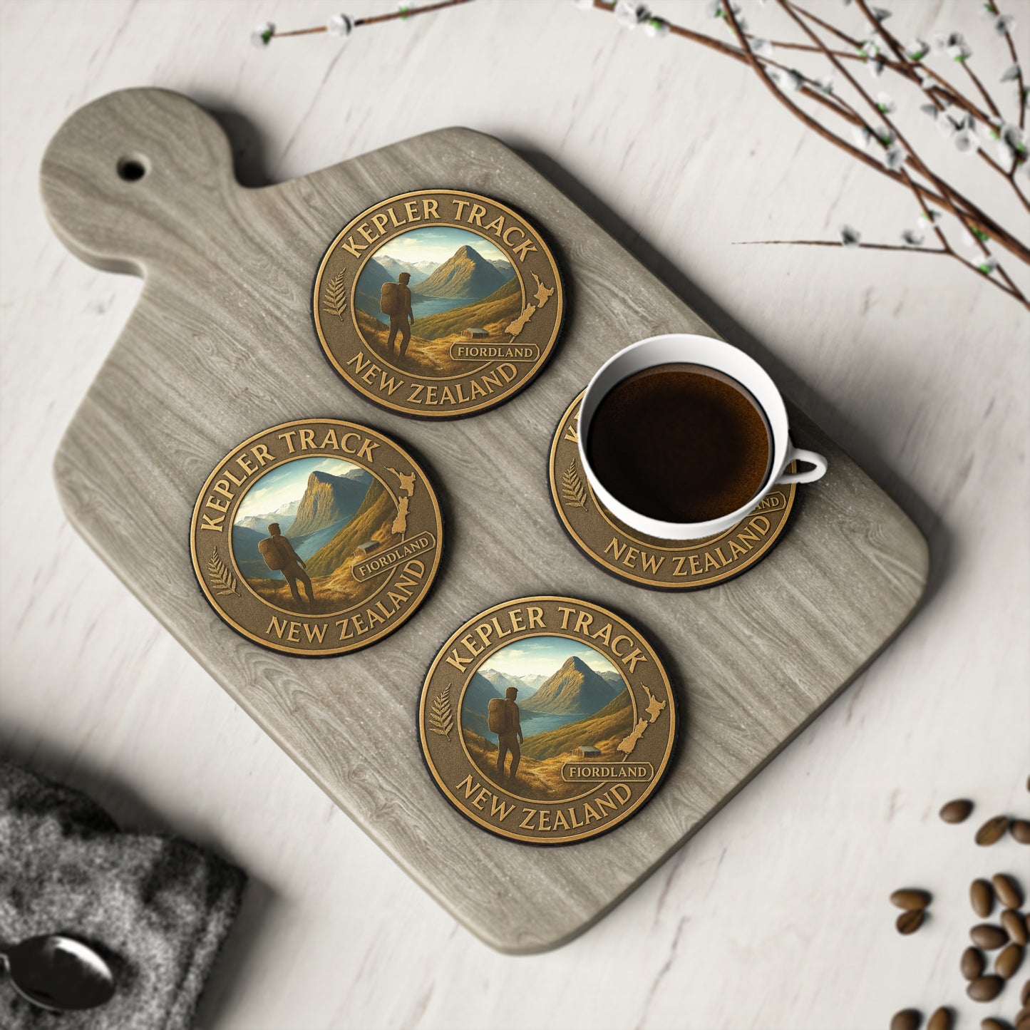 Kepler Track New Zealand coasters on a wooden board with a cup of coffee