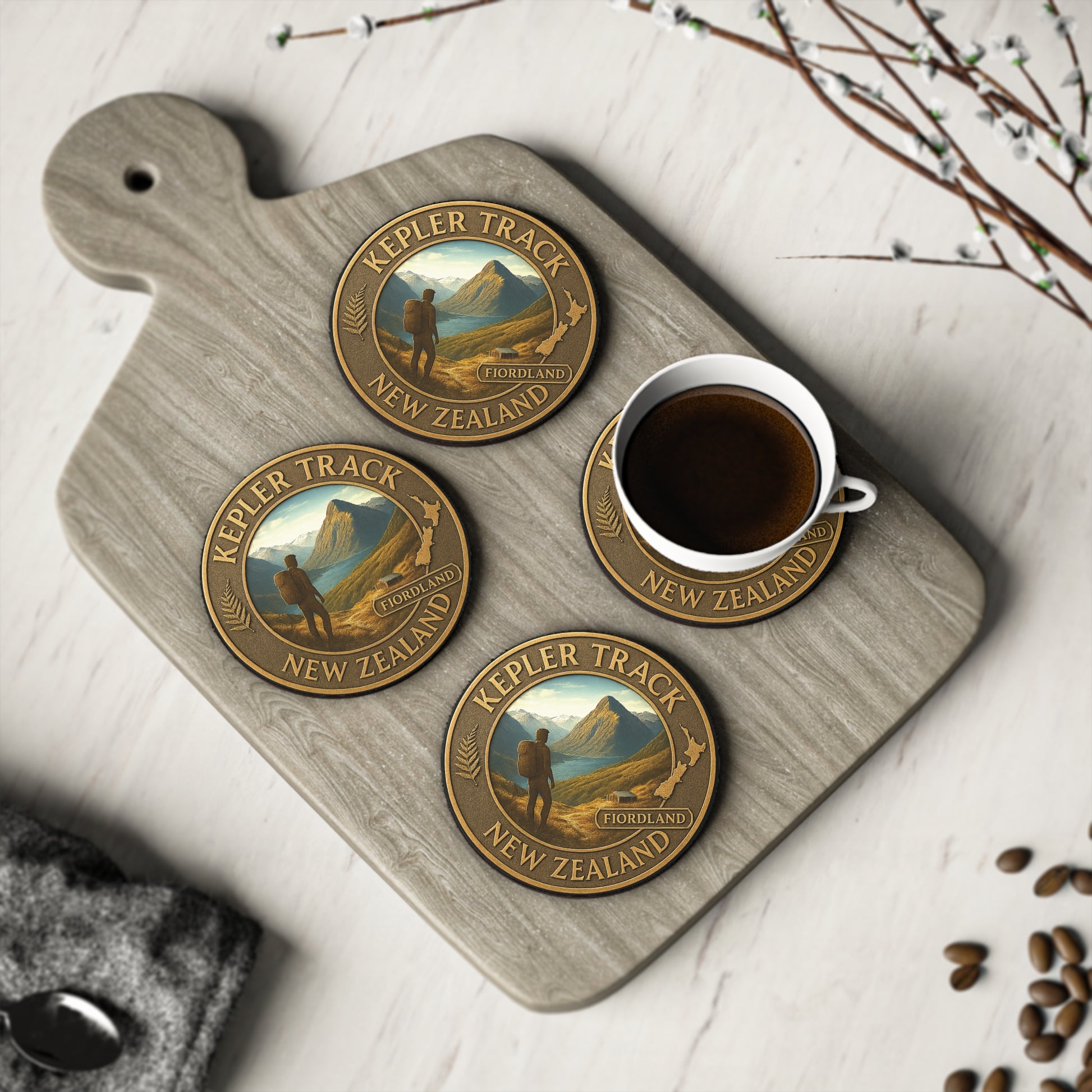 Kepler Track New Zealand coasters on a wooden board with a cup of coffee