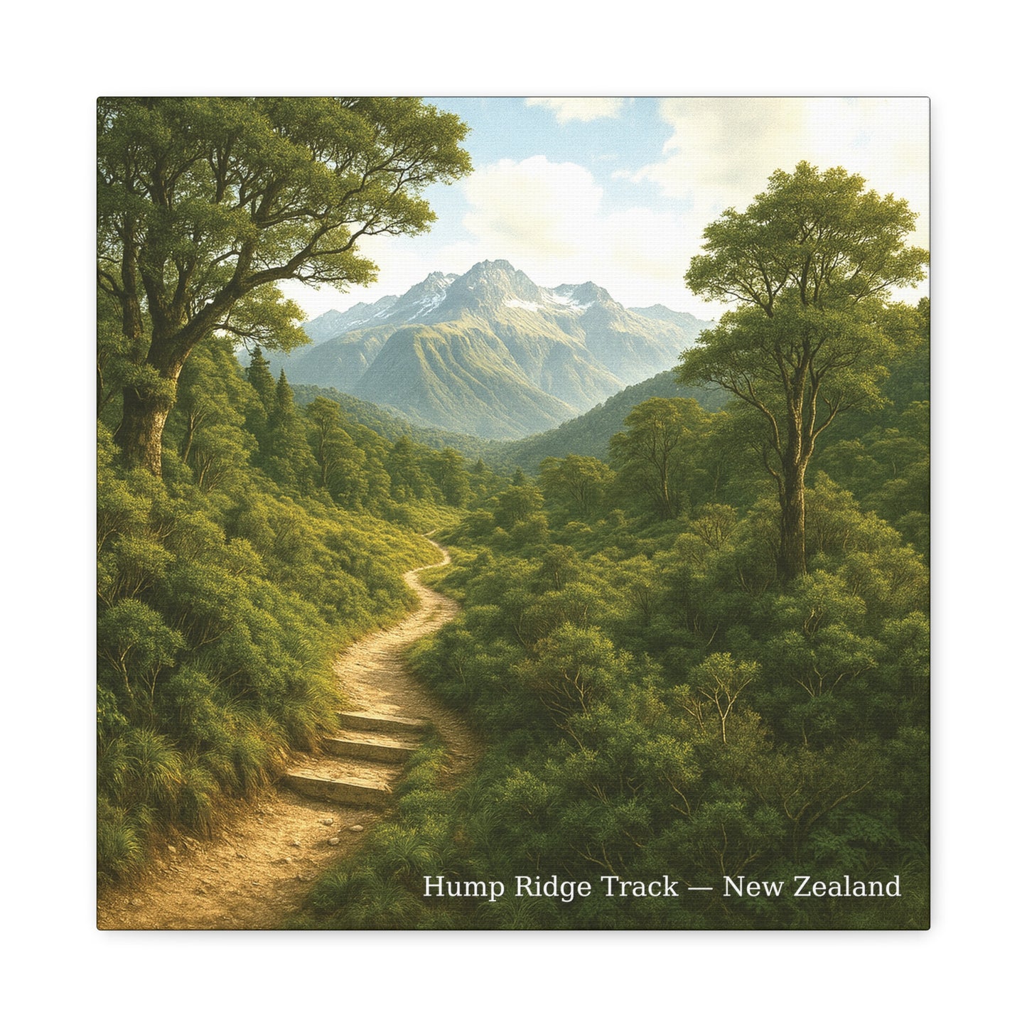 Scenic view of the Hump Ridge Track in New Zealand with a path winding through trees and mountains.