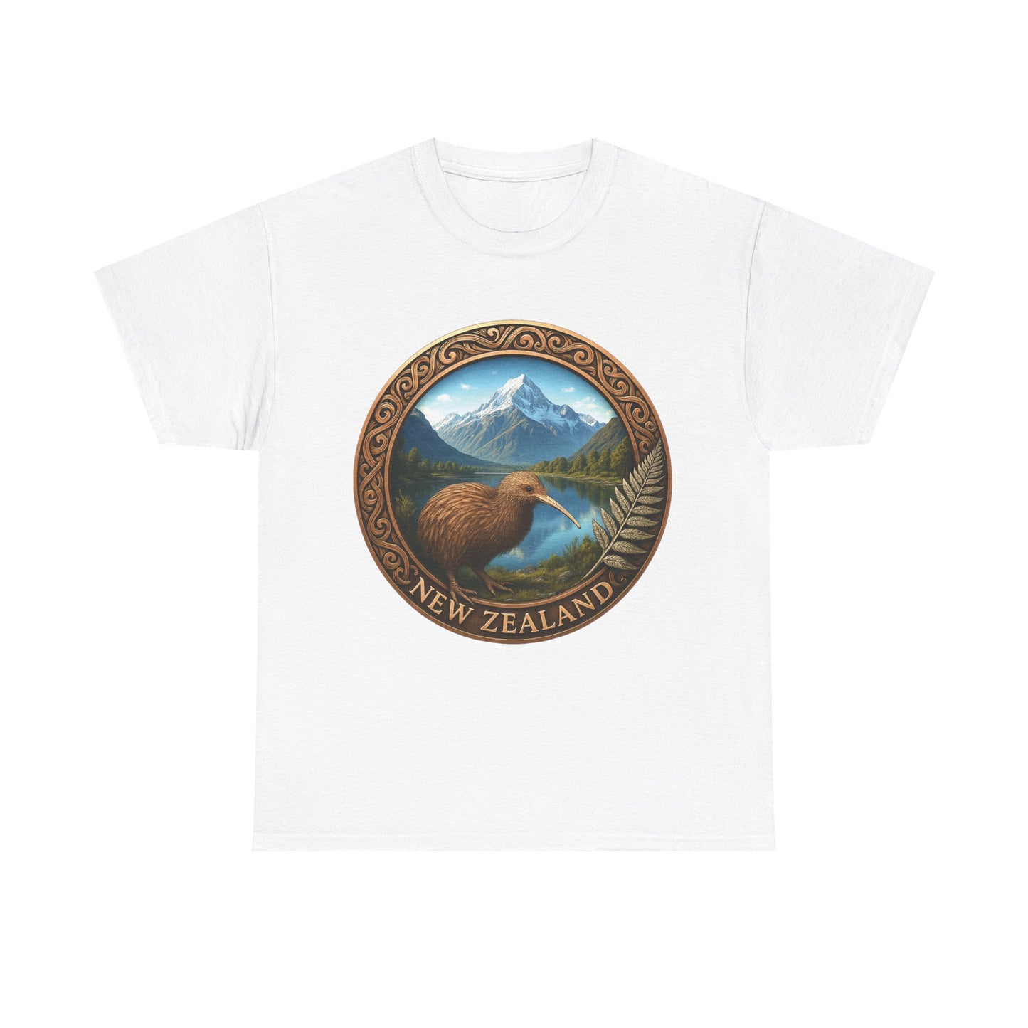 White t-shirt with a New Zealand scenic design featuring a kiwi bird and mountains.
