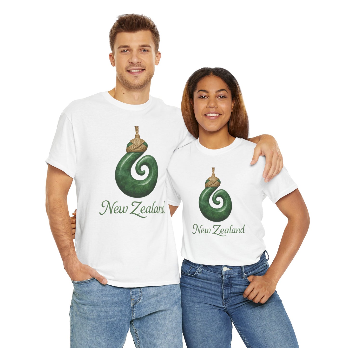 Two people wearing white t-shirts with a green spiral design and 'New Zealand' text on a white background.