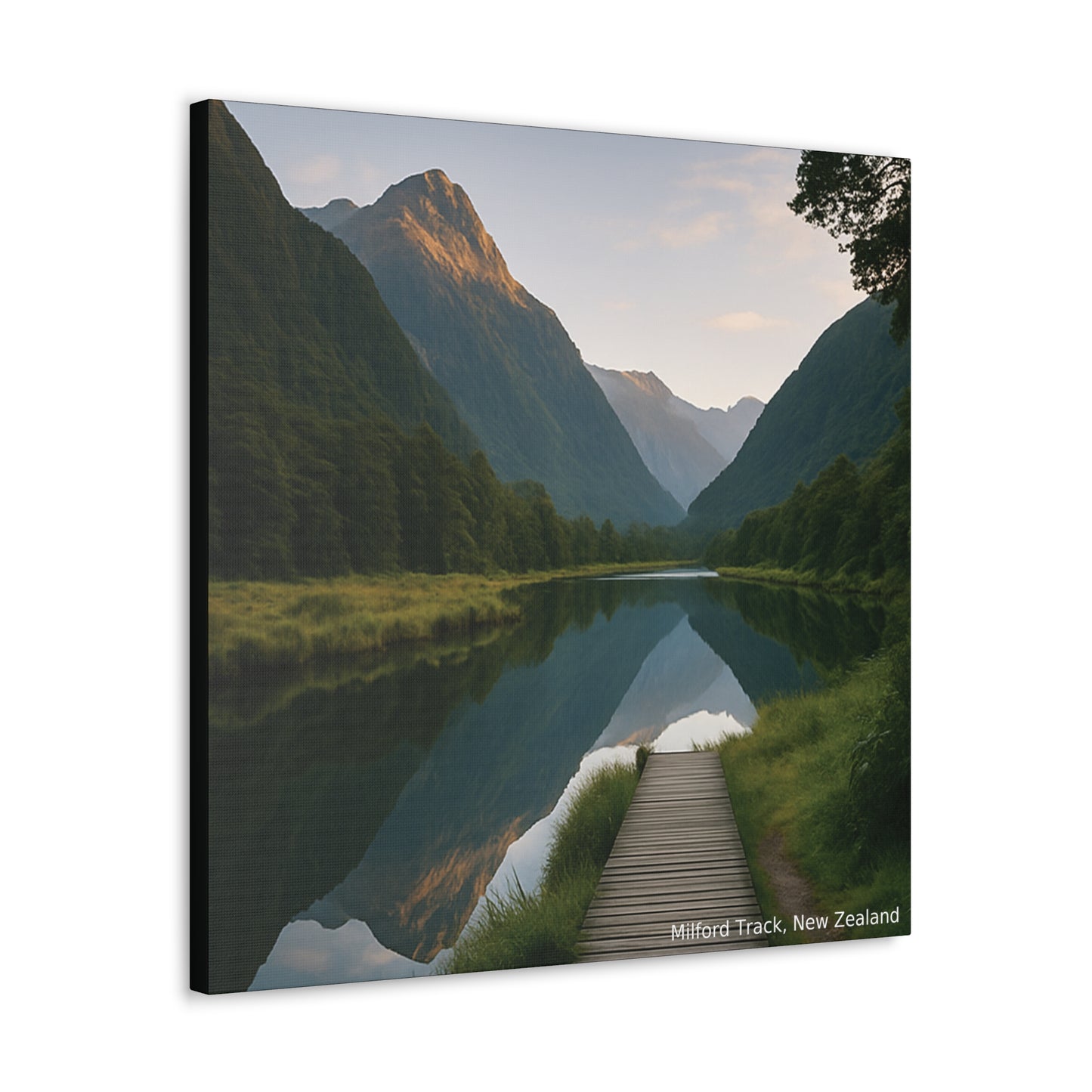 Canvas print of a scenic view with a wooden path leading to mountains.