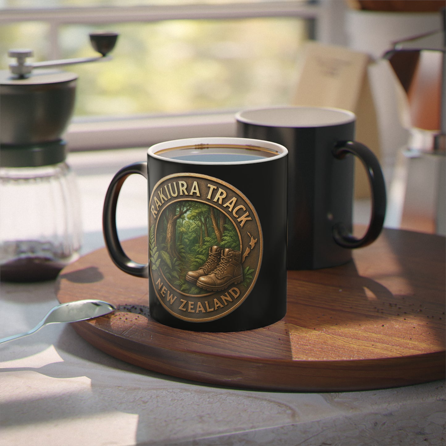 Black mug with Rakiura Track New Zealand design on a wooden coaster in a kitchen setting.