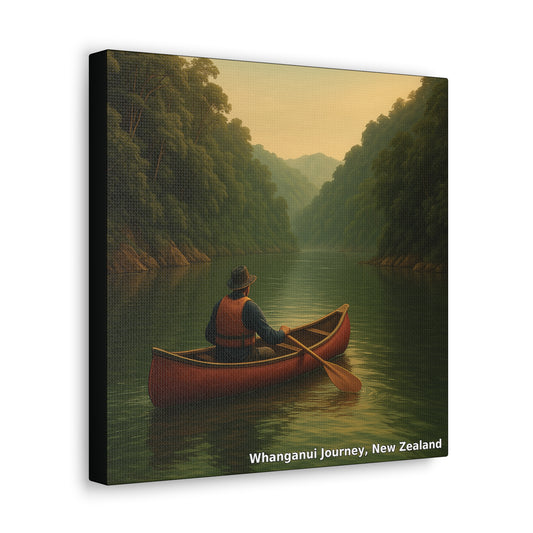 Canvas print of a man in a red canoe on a river with trees and mountains in the background, labeled 'Whanganui Journey, New Zealand'.