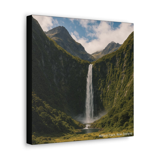 Canvas print of a waterfall in a mountainous landscape with 'Milford Track, New Zealand' text.