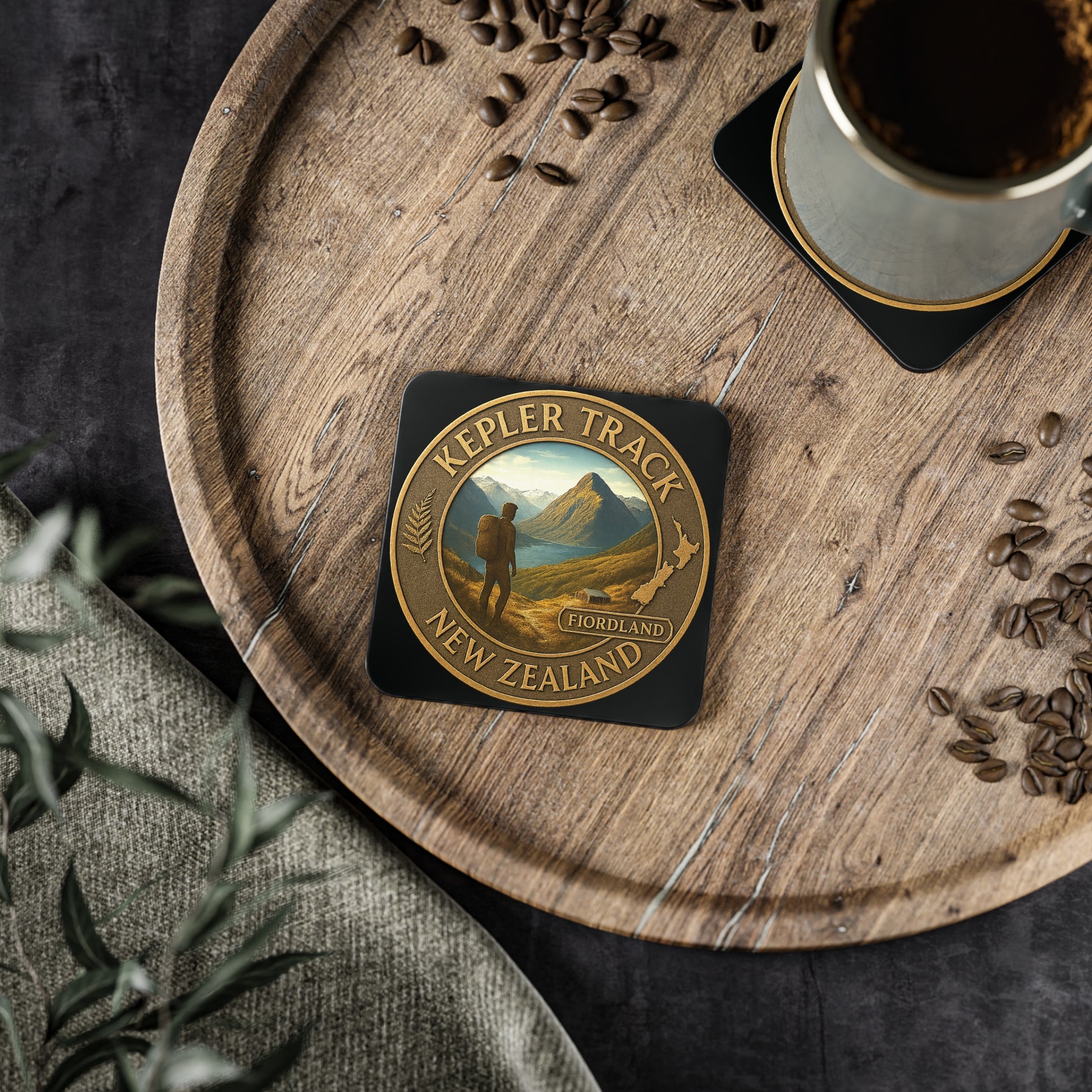 Coaster with 'Kepler Track, New Zealand' design on a wooden tray with coffee and coffee beans.