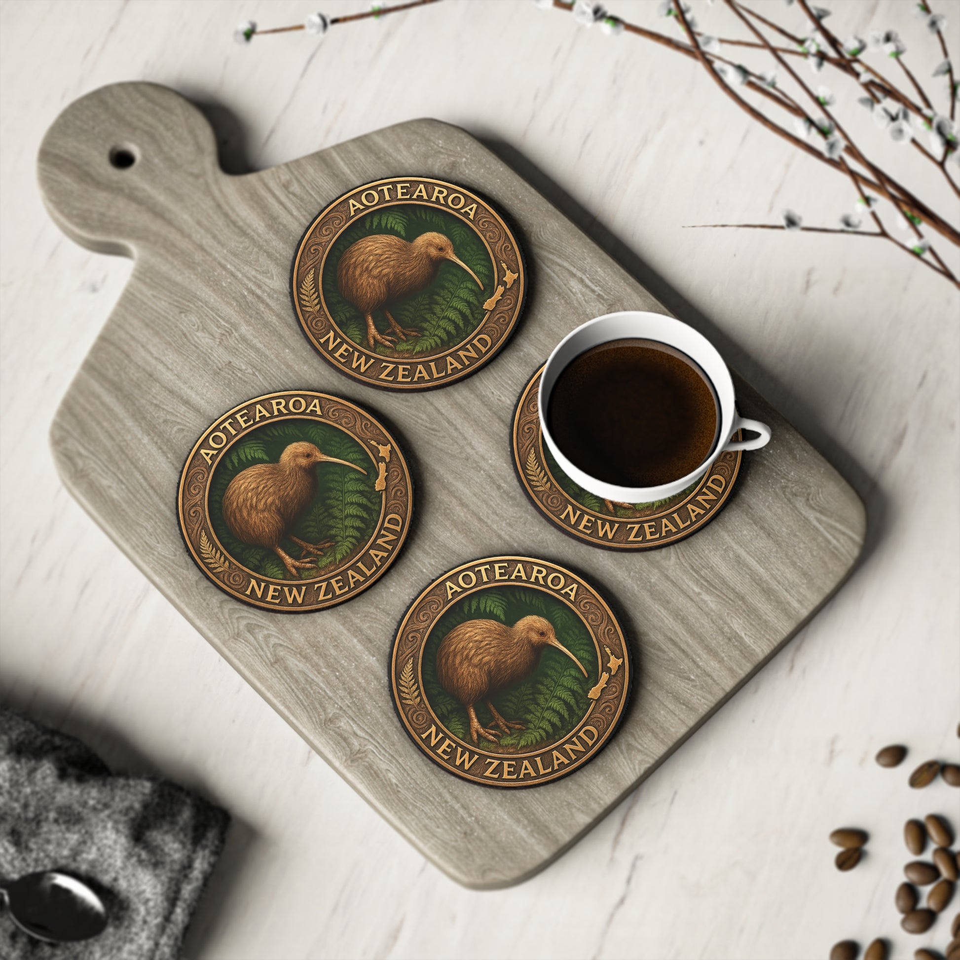 Wooden cutting board with New Zealand kiwi coasters and a cup of coffee.
