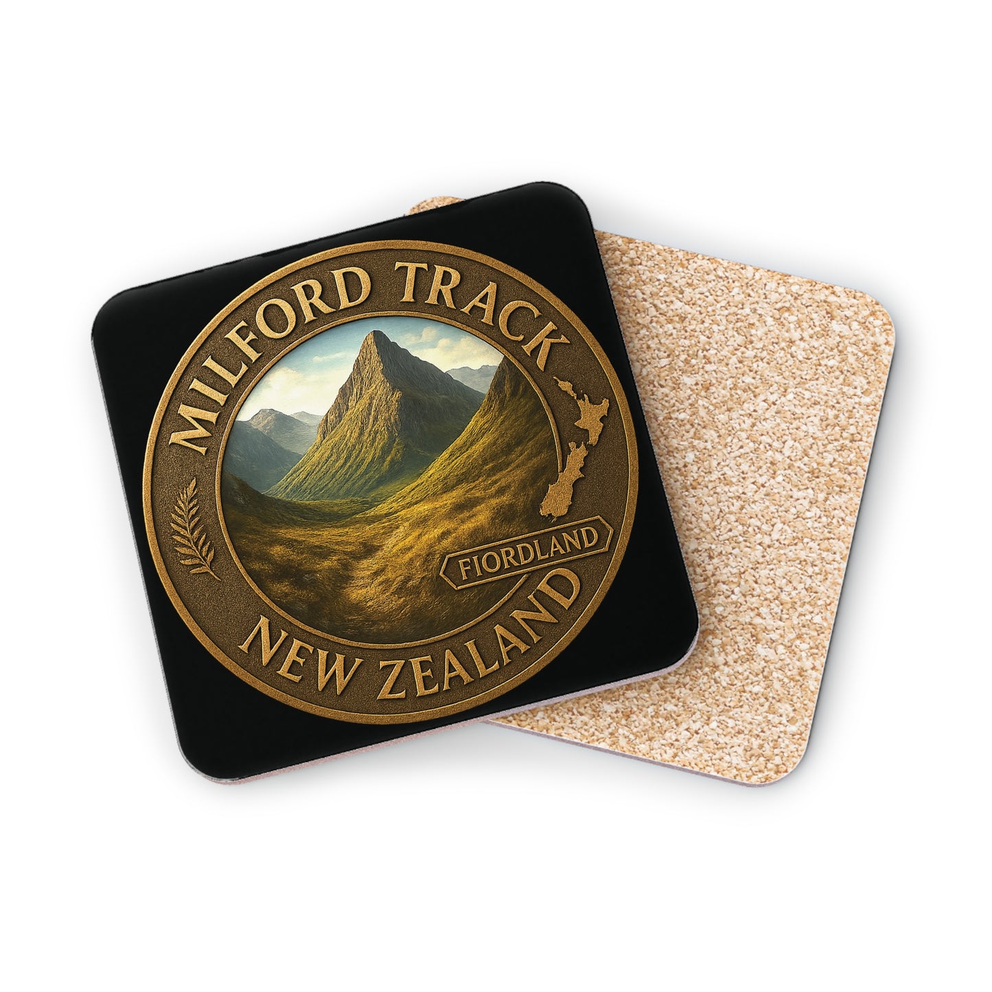 Coaster set with Milford Track New Zealand design on a white background
