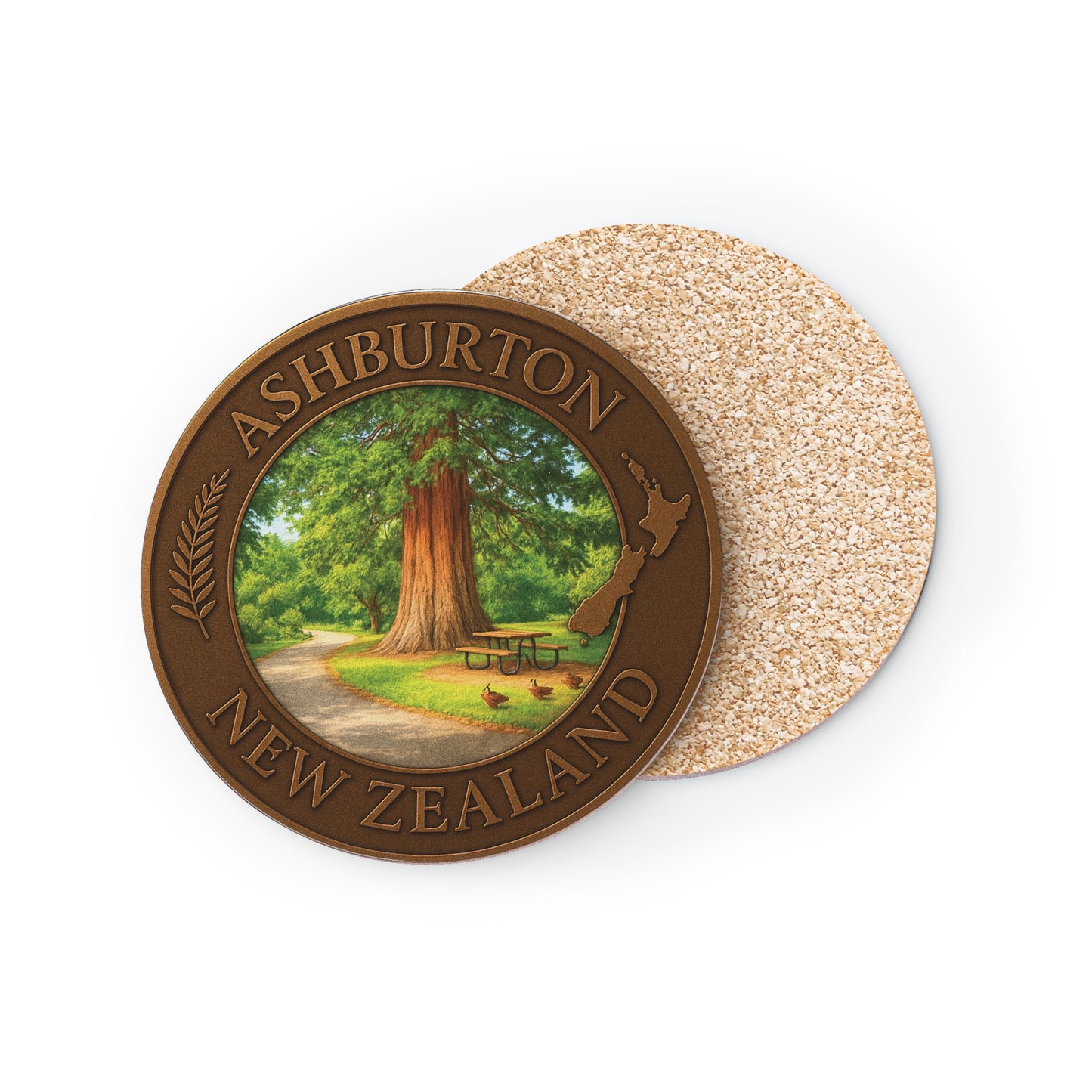 Round coaster with Ashburton, New Zealand design on a white background
