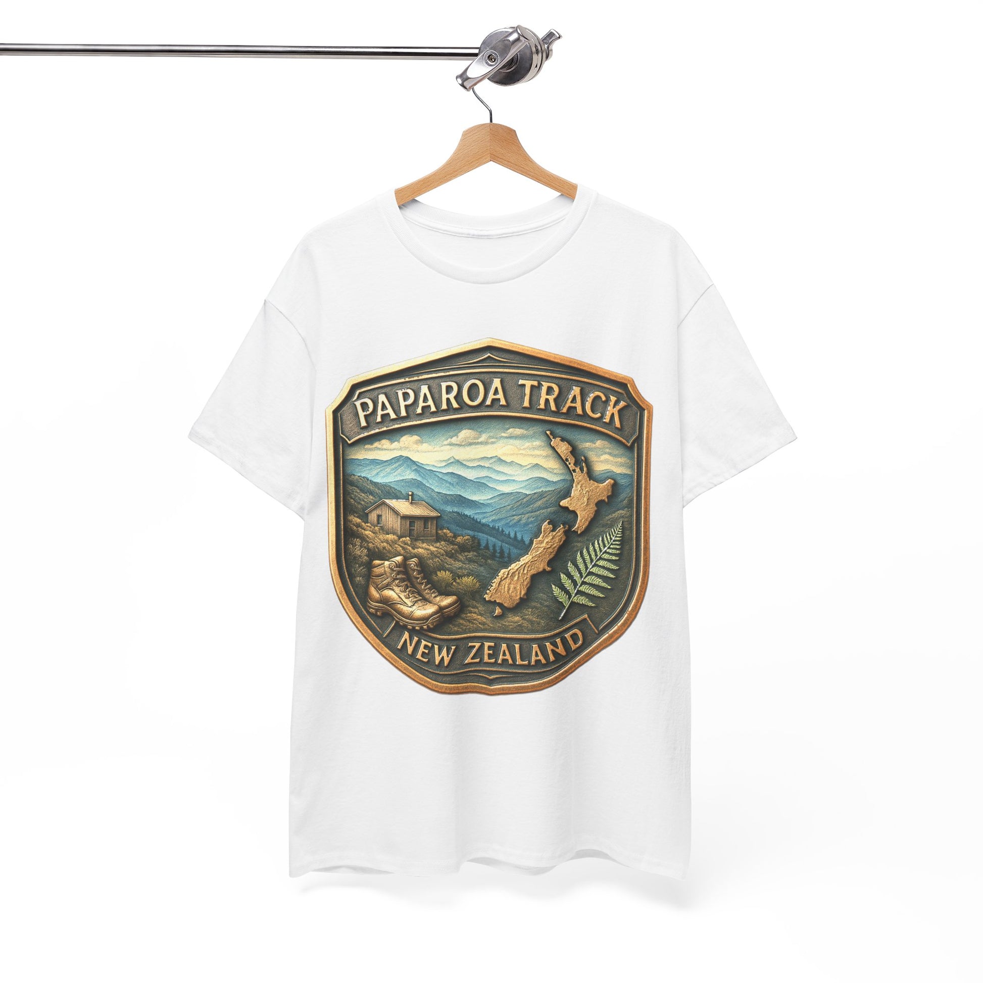 White t-shirt with Paparoa Track New Zealand design on a hanger against a white background