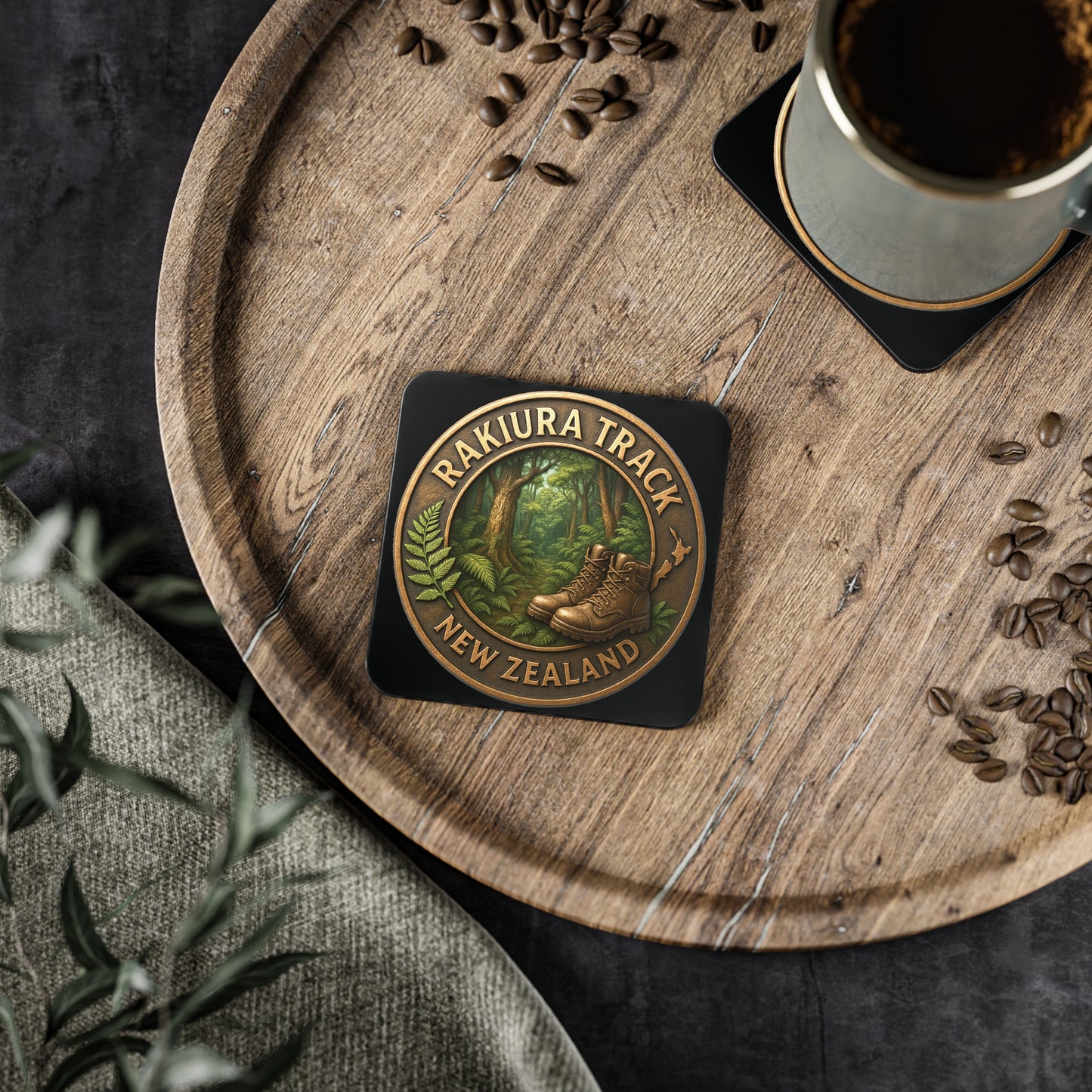 Coaster with Rakiura Track New Zealand design on a wooden tray with coffee and seeds.