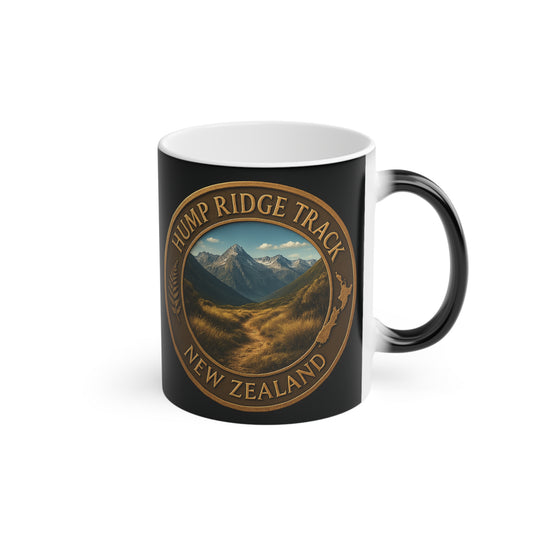 Black Coffee mug with Hump Ridge Track New Zealand design on a white background