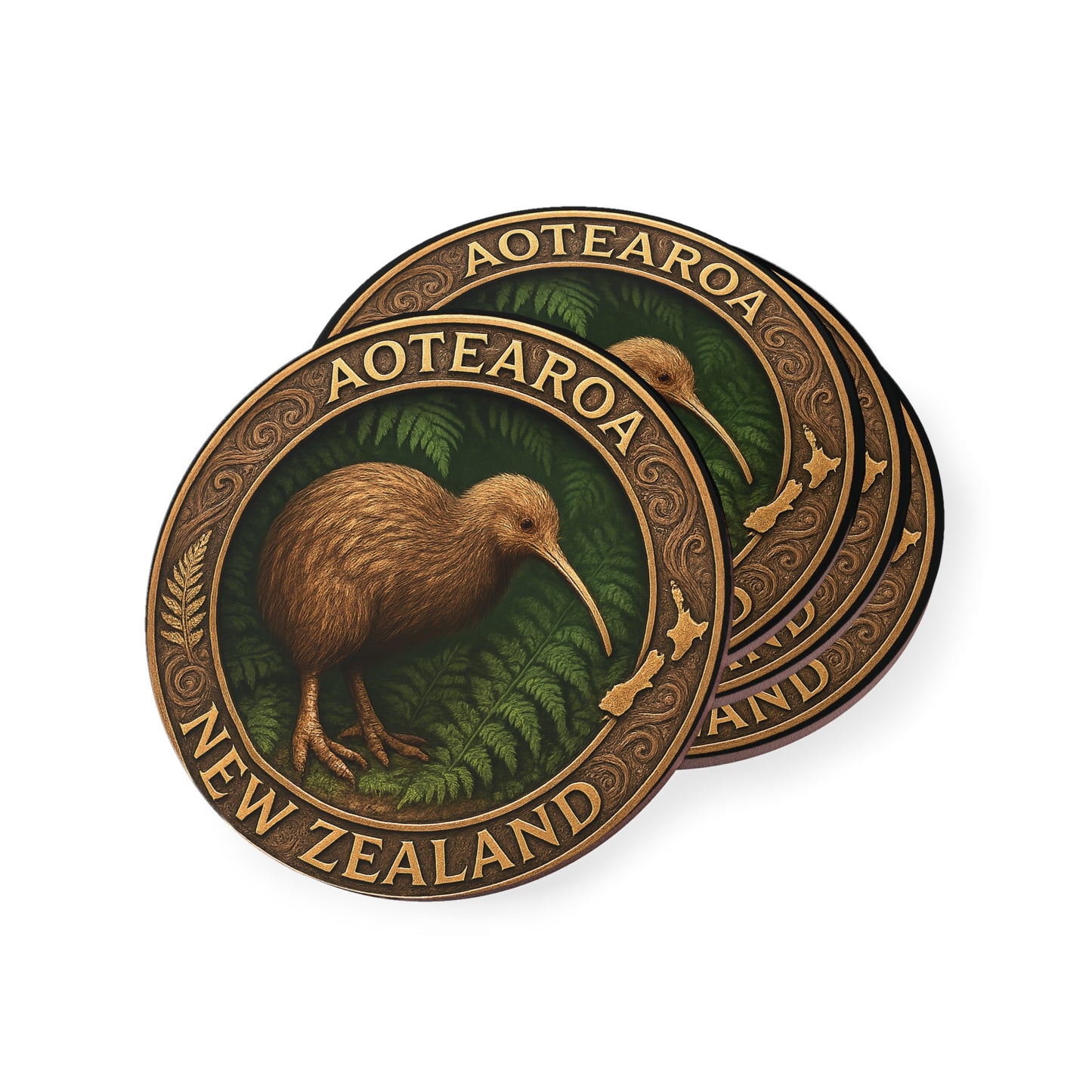 Two round coasters with a kiwi bird design and 'Aotearoa New Zealand' text on a white background.