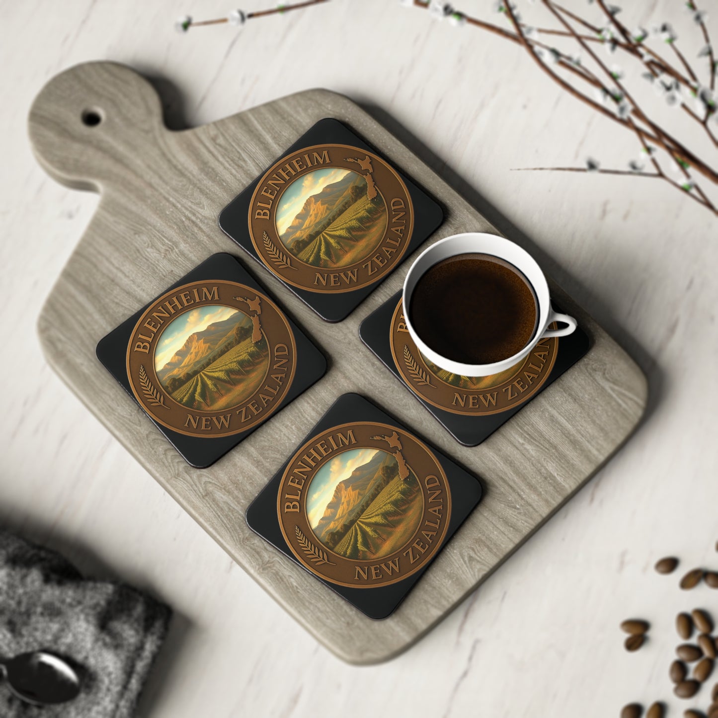Set of four Bleachem New Zealand coasters with a cup of coffee on a wooden board.